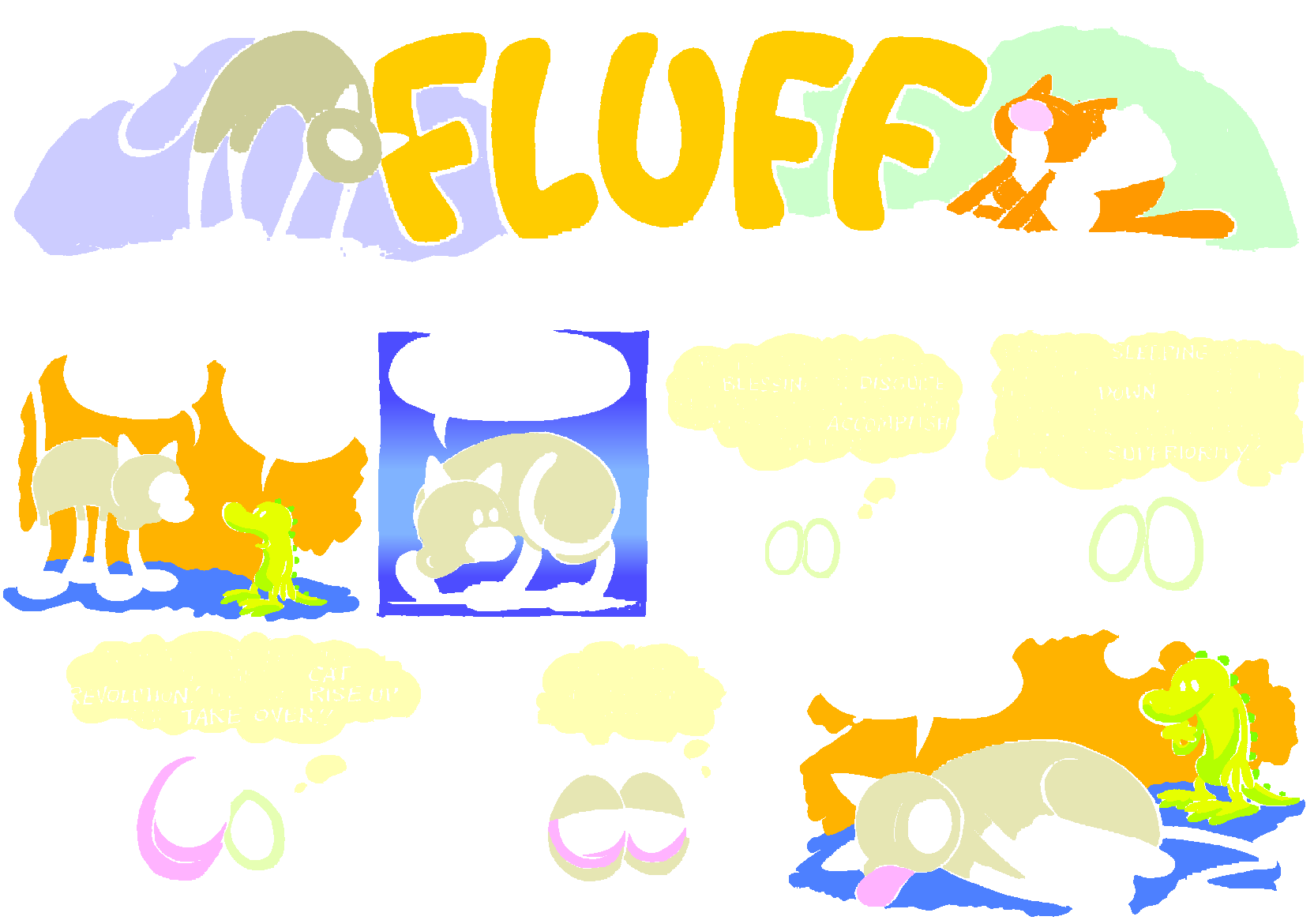 Fluff sunday strip, Mar 29, 1998. Nina Paley, CC BY-SA 3.0 US. Print master from https://archive.org/details/FluffComicStrips (TIFF converted losslessly to PNG for the web).