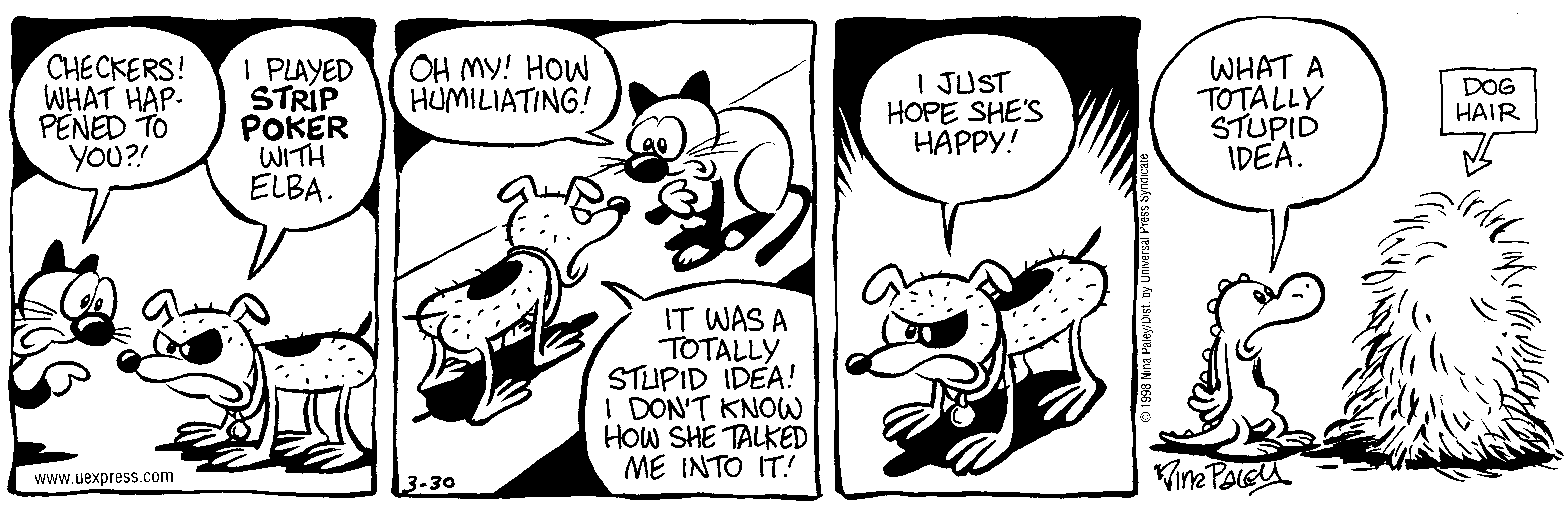 Fluff daily strip, Mar 30, 1998. Nina Paley, CC BY-SA 3.0 US. Print master from https://archive.org/details/FluffComicStrips (TIFF converted losslessly to PNG for the web).