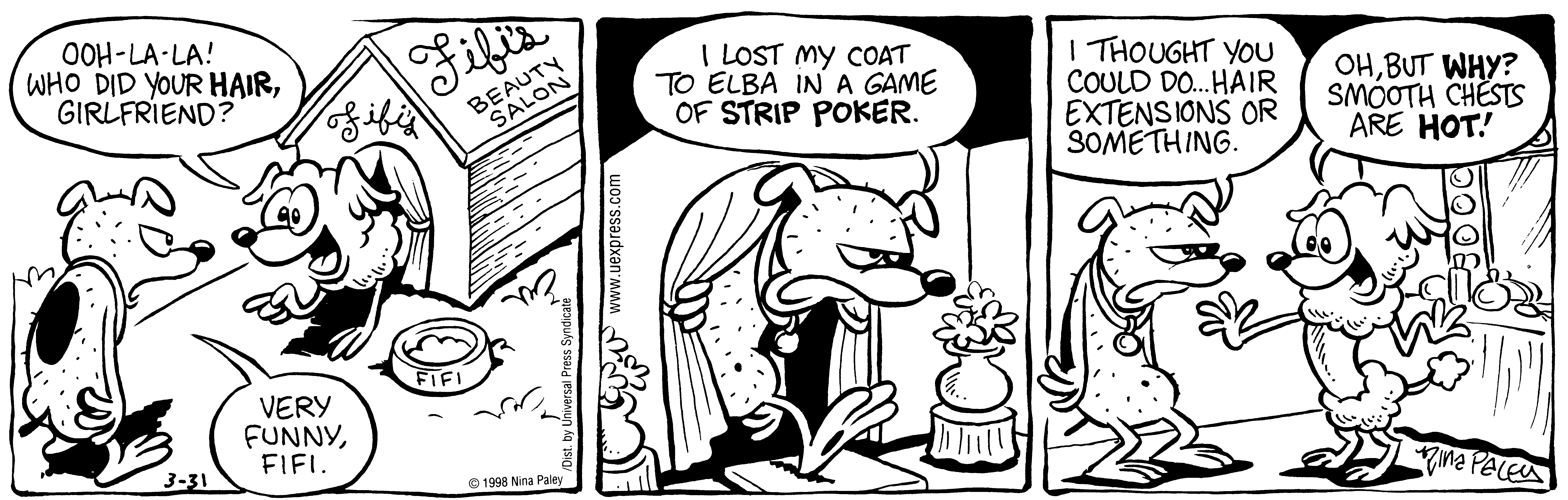 Fluff daily strip, Mar 31, 1998. Nina Paley, CC BY-SA 3.0 US. Print master from https://archive.org/details/FluffComicStrips (TIFF converted losslessly to PNG for the web).
