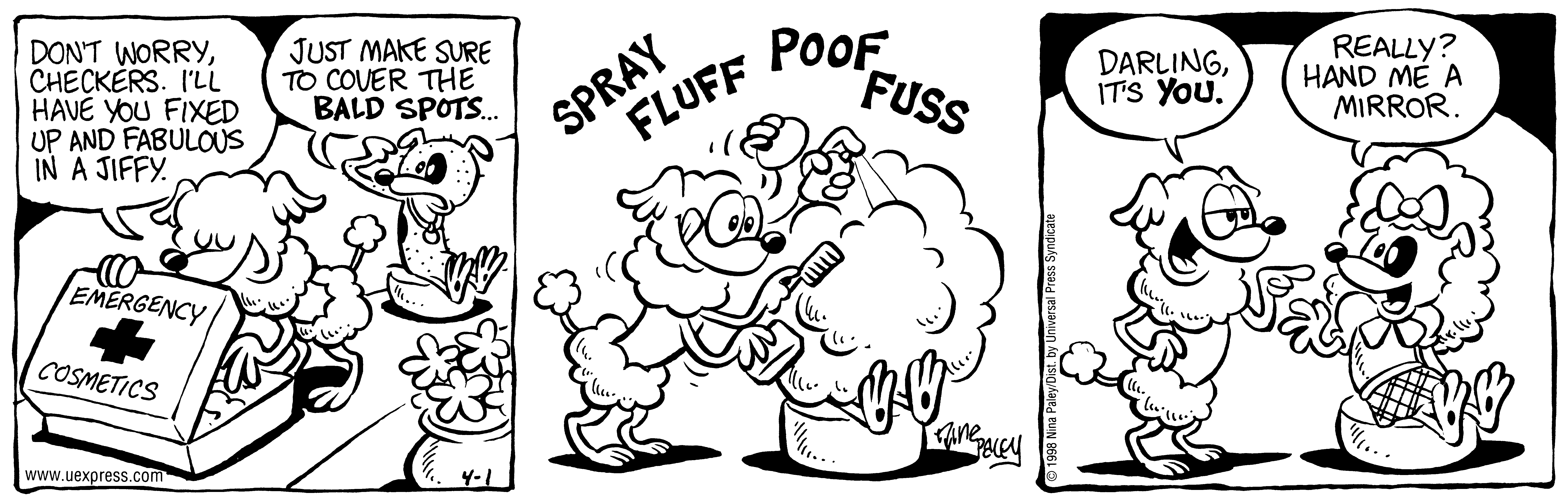 Fluff daily strip, Apr 1, 1998. Nina Paley, CC BY-SA 3.0 US. Print master from https://archive.org/details/FluffComicStrips (TIFF converted losslessly to PNG for the web).