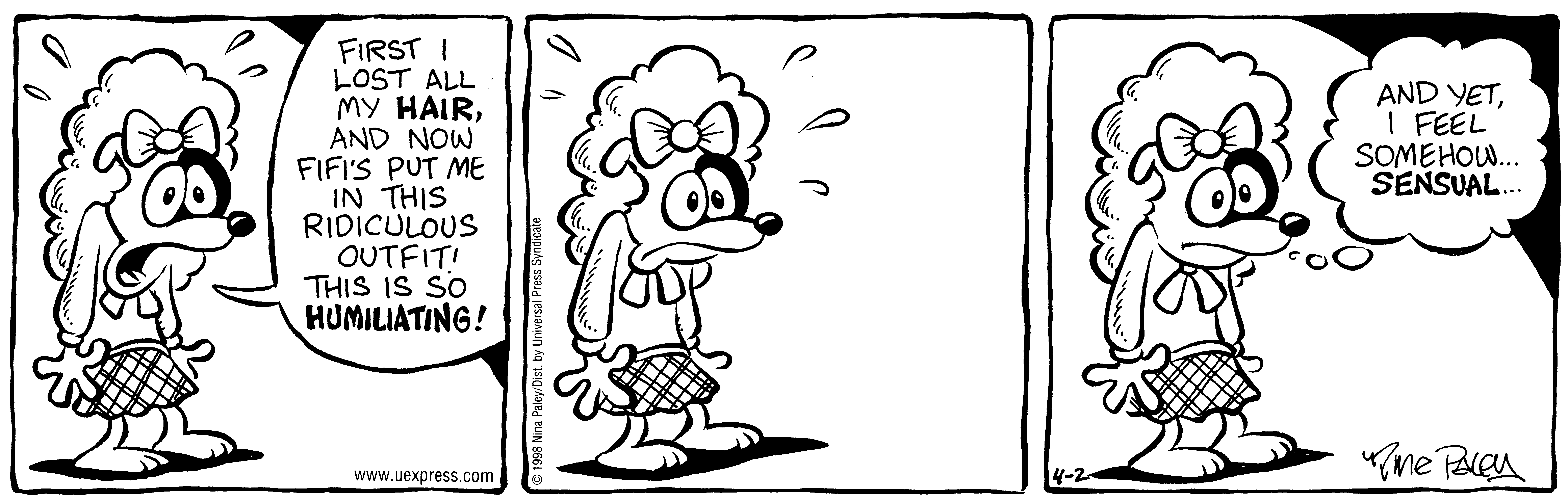 Fluff daily strip, Apr 2, 1998. Nina Paley, CC BY-SA 3.0 US. Print master from https://archive.org/details/FluffComicStrips (TIFF converted losslessly to PNG for the web).