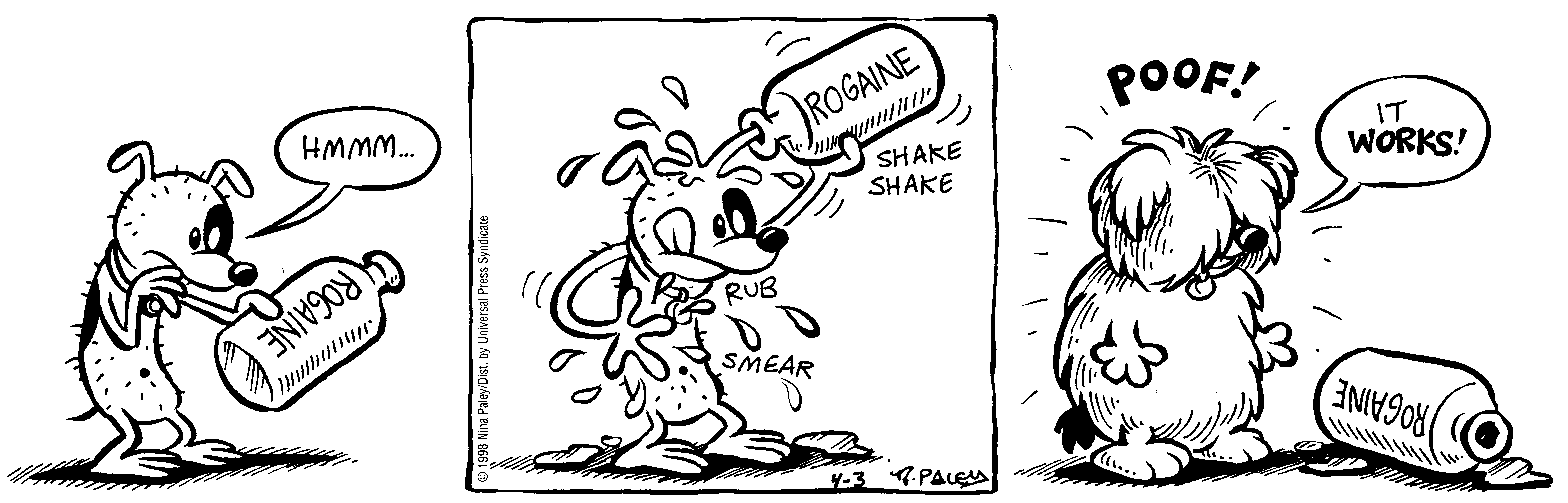 Fluff daily strip, Apr 3, 1998. Nina Paley, CC BY-SA 3.0 US. Print master from https://archive.org/details/FluffComicStrips (TIFF converted losslessly to PNG for the web).