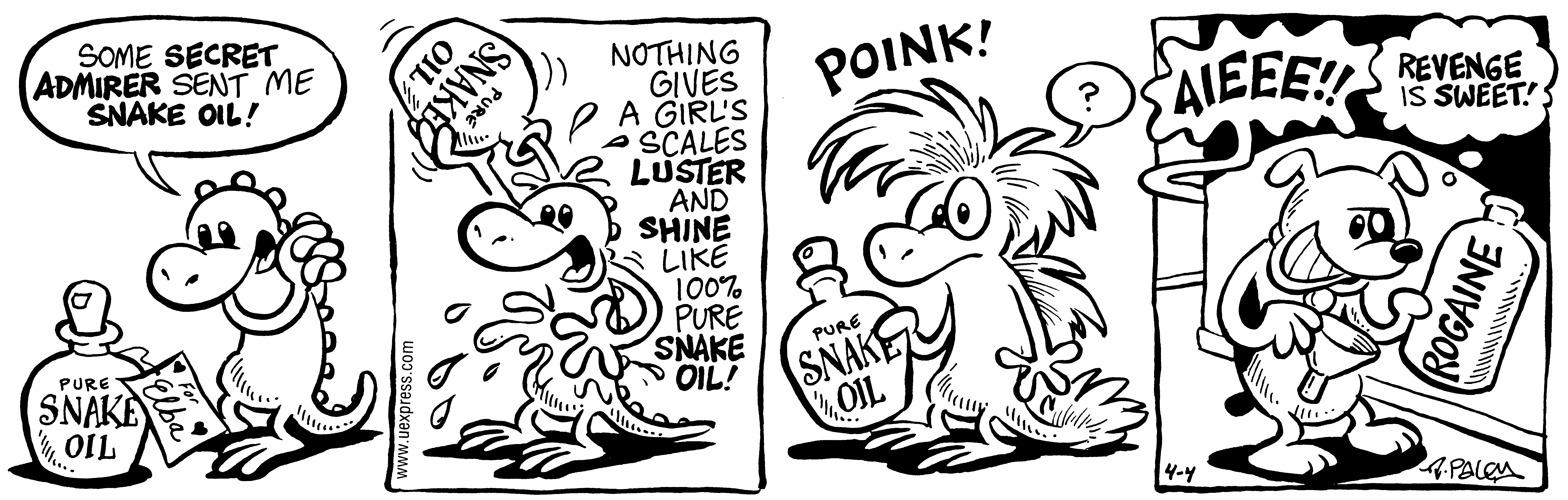 Fluff daily strip, Apr 4, 1998. Nina Paley, CC BY-SA 3.0 US. Print master from https://archive.org/details/FluffComicStrips (TIFF converted losslessly to PNG for the web).