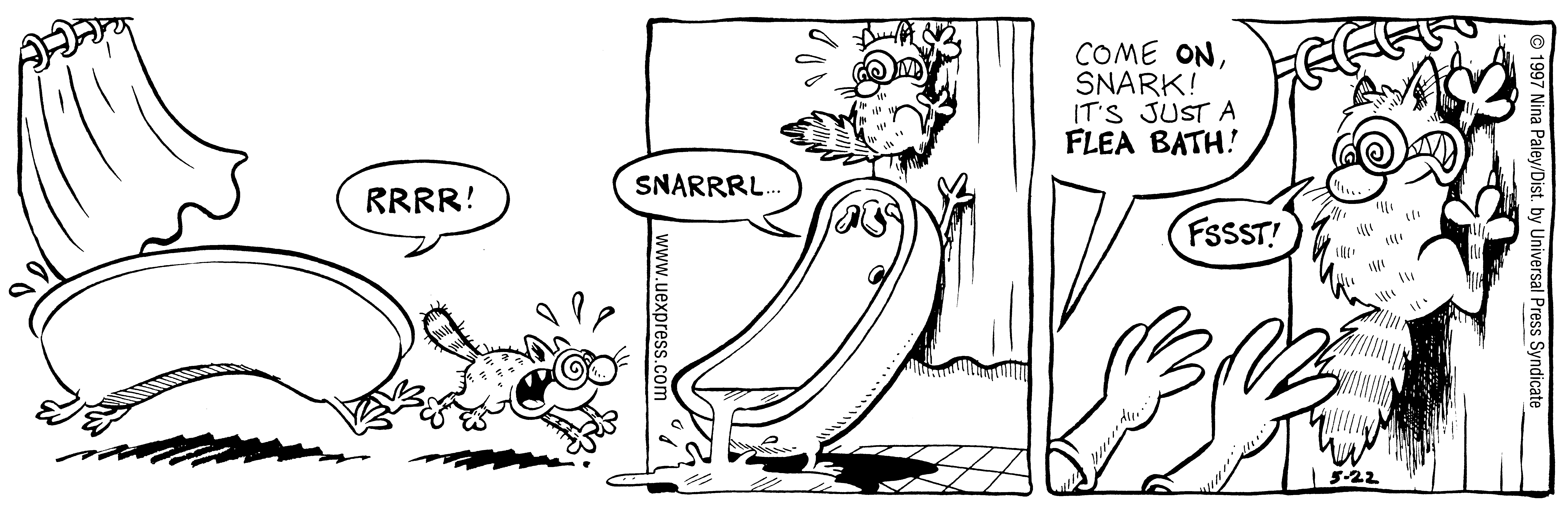 Fluff daily strip, May 22, 1997. Nina Paley, CC BY-SA 3.0 US. Print master from https://archive.org/details/FluffComicStrips (TIFF converted losslessly to PNG for the web).