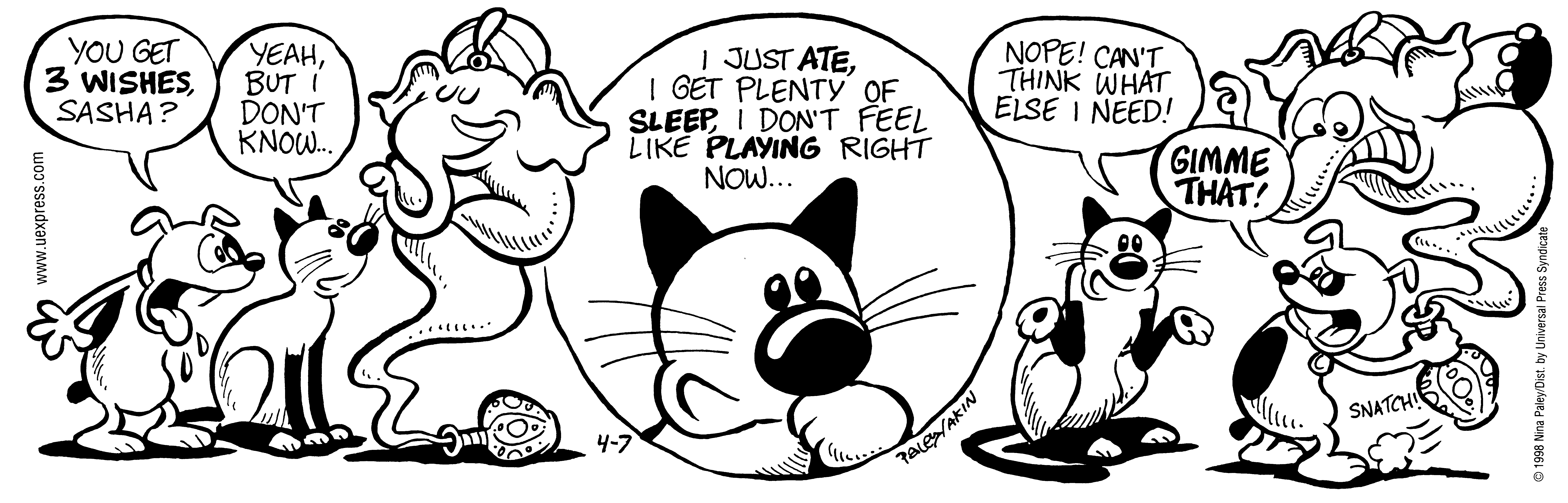 Fluff daily strip, Apr 7, 1998. Nina Paley, CC BY-SA 3.0 US. Print master from https://archive.org/details/FluffComicStrips (TIFF converted losslessly to PNG for the web).