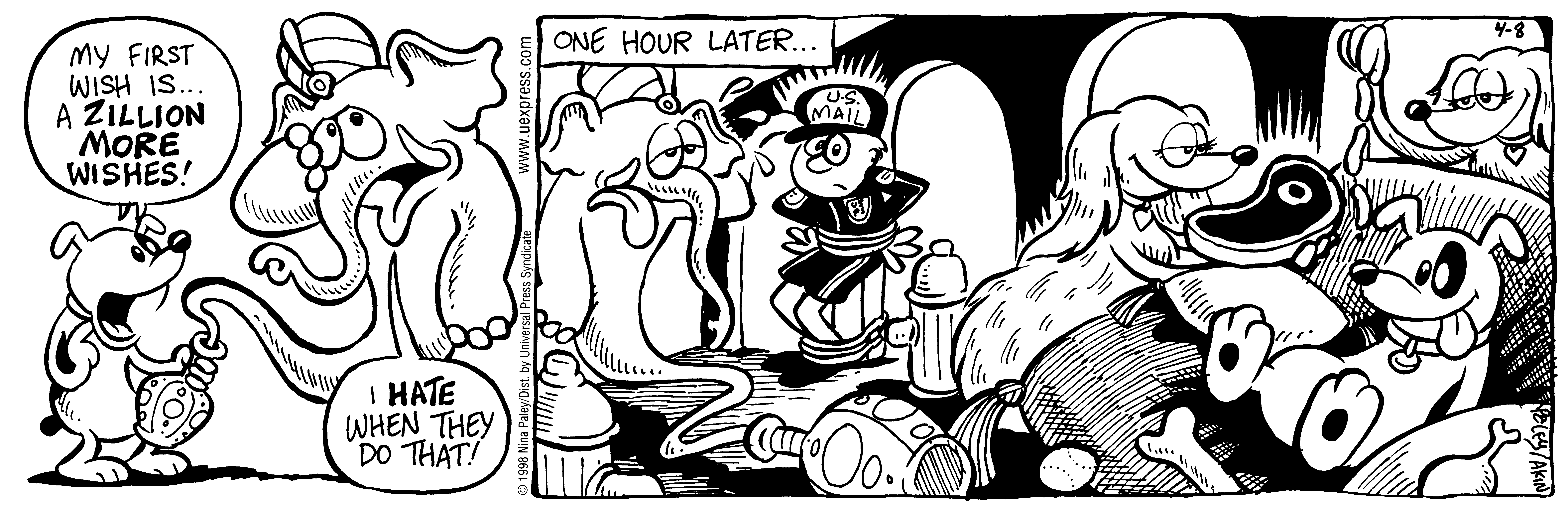 Fluff daily strip, Apr 8, 1998. Nina Paley, CC BY-SA 3.0 US. Print master from https://archive.org/details/FluffComicStrips (TIFF converted losslessly to PNG for the web).