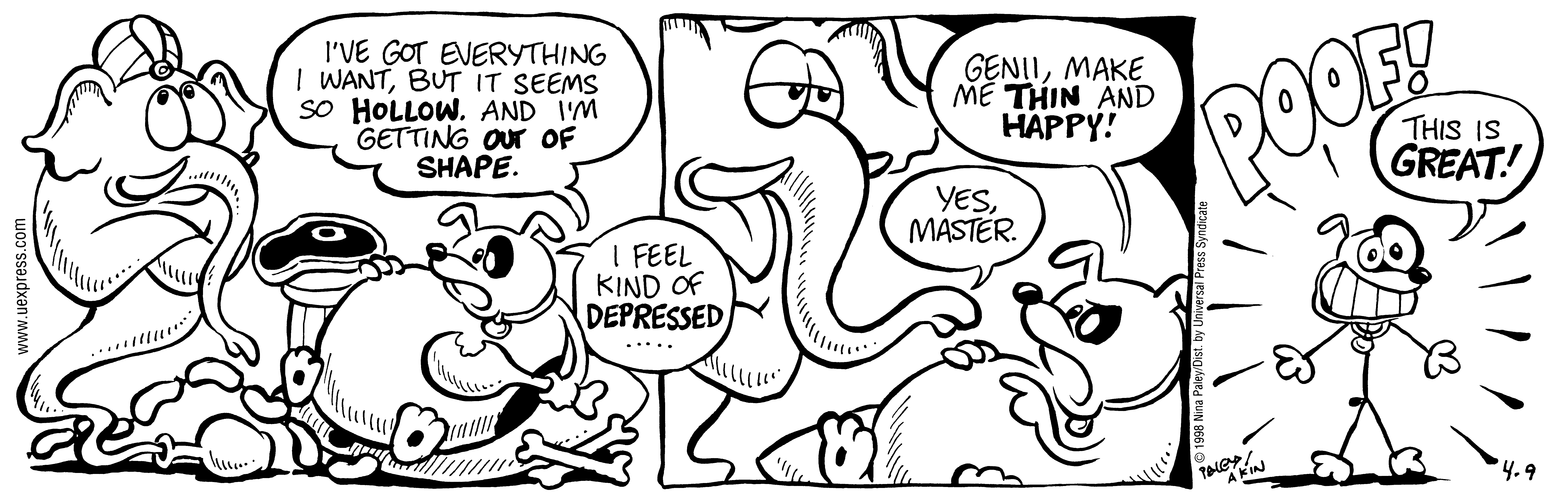 Fluff daily strip, Apr 9, 1998. Nina Paley, CC BY-SA 3.0 US. Print master from https://archive.org/details/FluffComicStrips (TIFF converted losslessly to PNG for the web).
