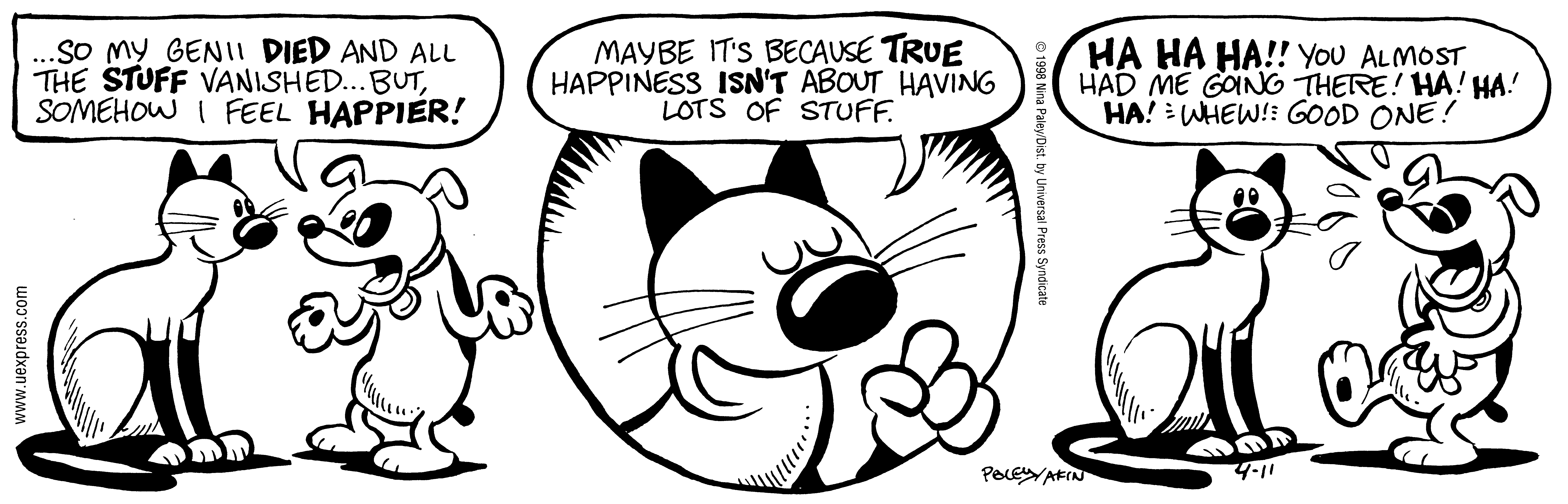 Fluff daily strip, Apr 11, 1998. Nina Paley, CC BY-SA 3.0 US. Print master from https://archive.org/details/FluffComicStrips (TIFF converted losslessly to PNG for the web).