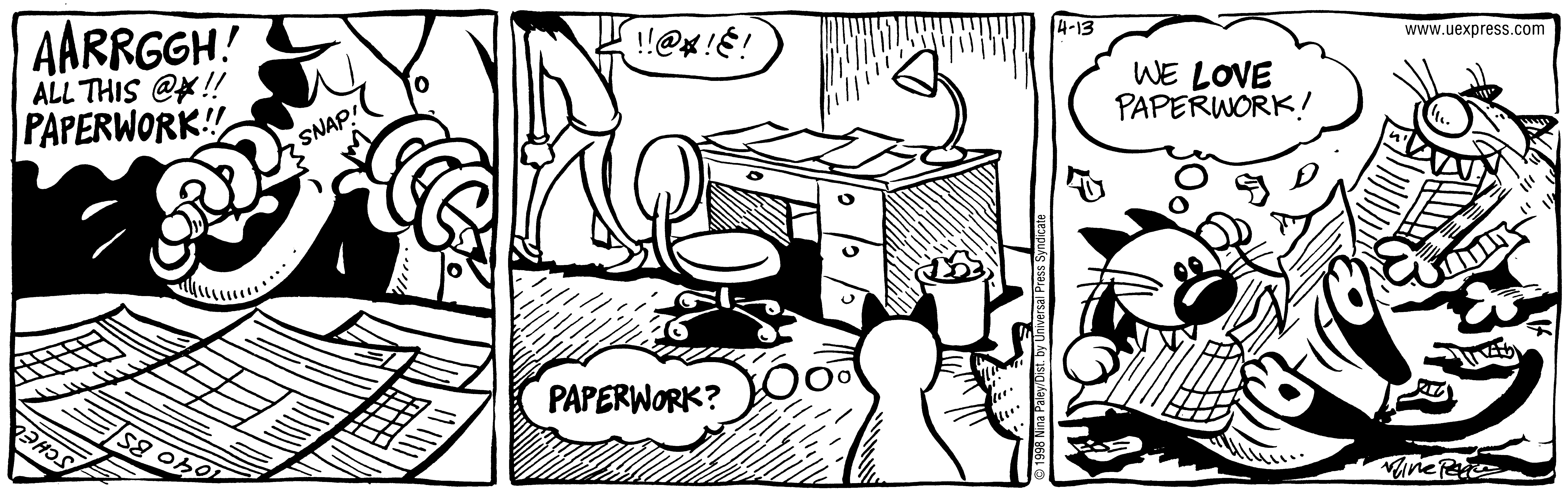 Fluff daily strip, Apr 13, 1998. Nina Paley, CC BY-SA 3.0 US. Print master from https://archive.org/details/FluffComicStrips (TIFF converted losslessly to PNG for the web).