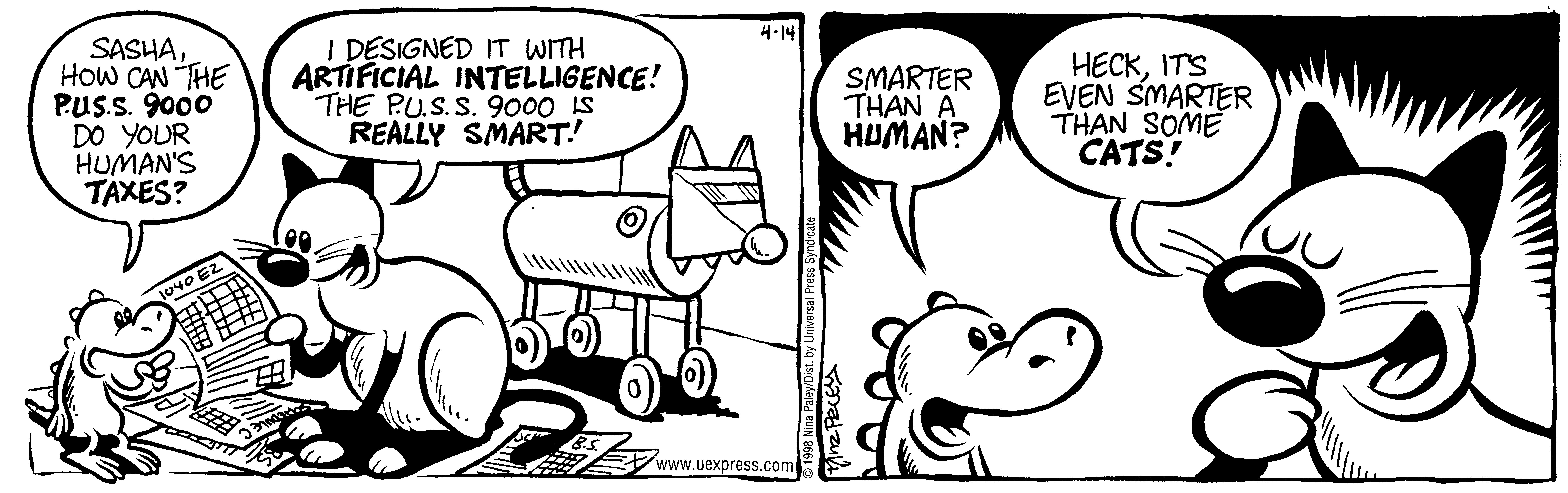 Fluff daily strip, Apr 14, 1998. Nina Paley, CC BY-SA 3.0 US. Print master from https://archive.org/details/FluffComicStrips (TIFF converted losslessly to PNG for the web).
