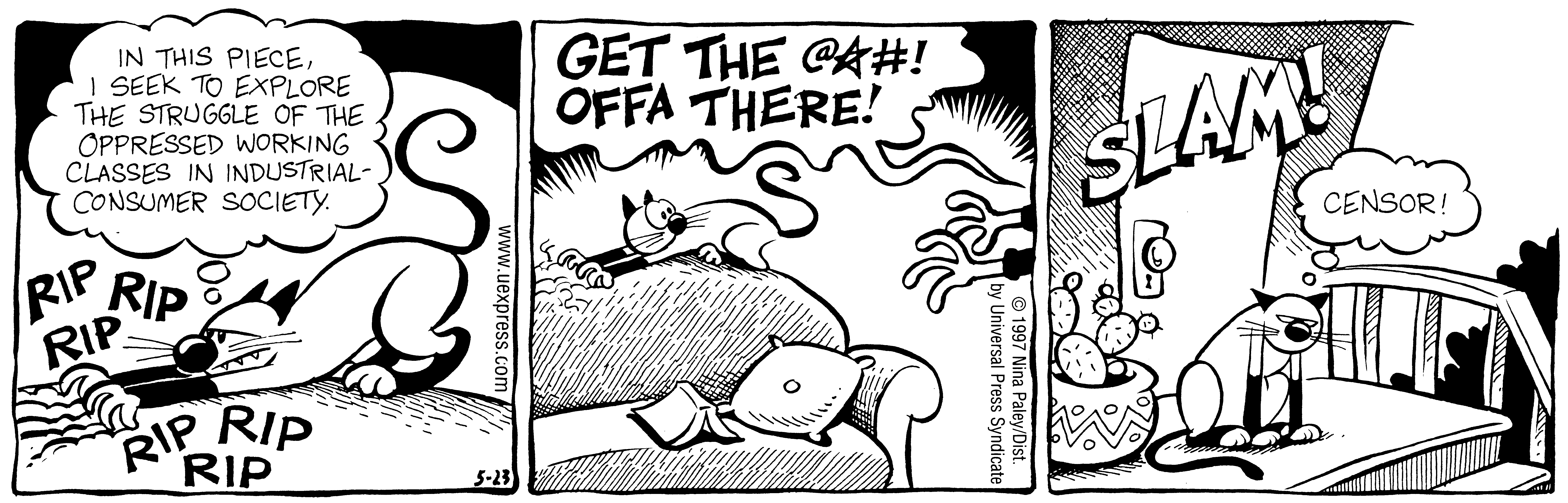 Fluff daily strip, May 23, 1997. Nina Paley, CC BY-SA 3.0 US. Print master from https://archive.org/details/FluffComicStrips (TIFF converted losslessly to PNG for the web).