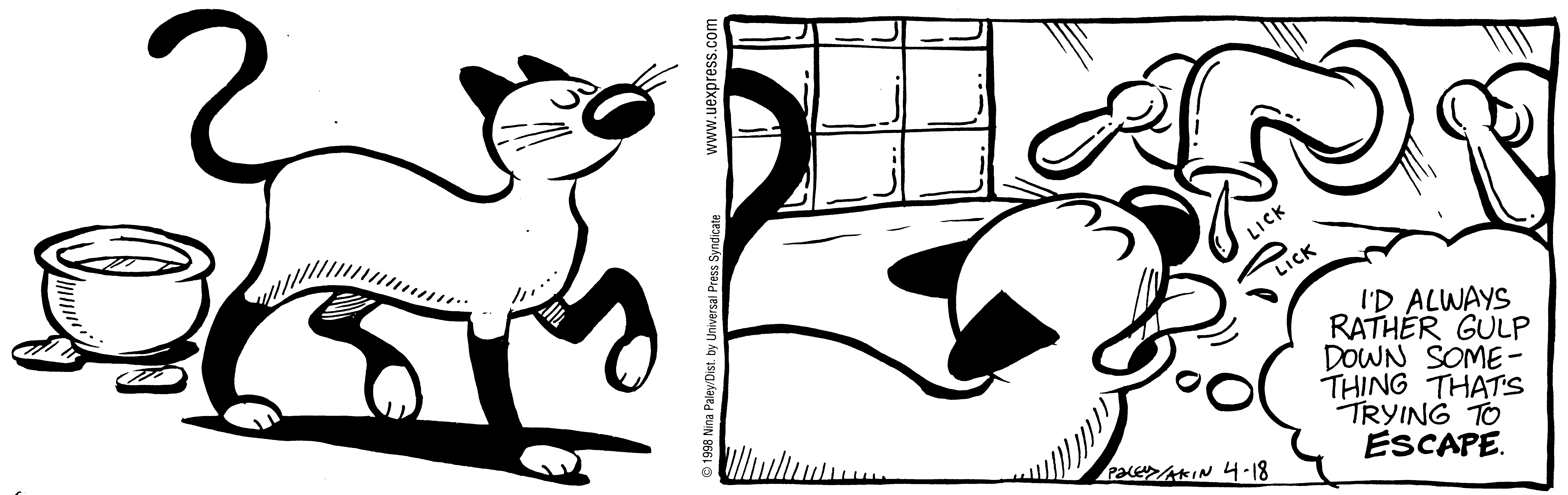 Fluff daily strip, Apr 18, 1998. Nina Paley, CC BY-SA 3.0 US. Print master from https://archive.org/details/FluffComicStrips (TIFF converted losslessly to PNG for the web).