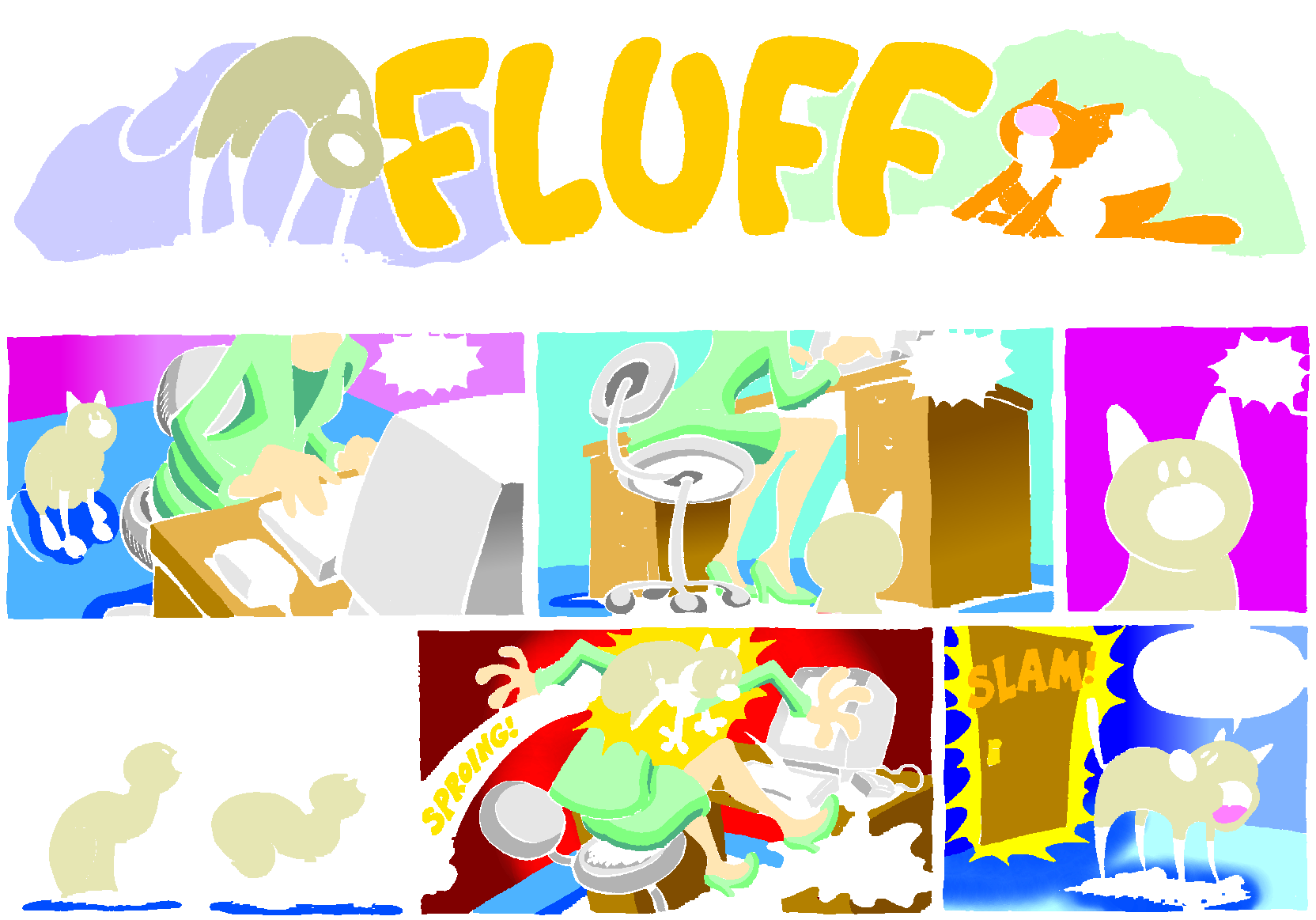 Fluff sunday strip, Apr 19, 1998. Nina Paley, CC BY-SA 3.0 US. Print master from https://archive.org/details/FluffComicStrips (TIFF converted losslessly to PNG for the web).