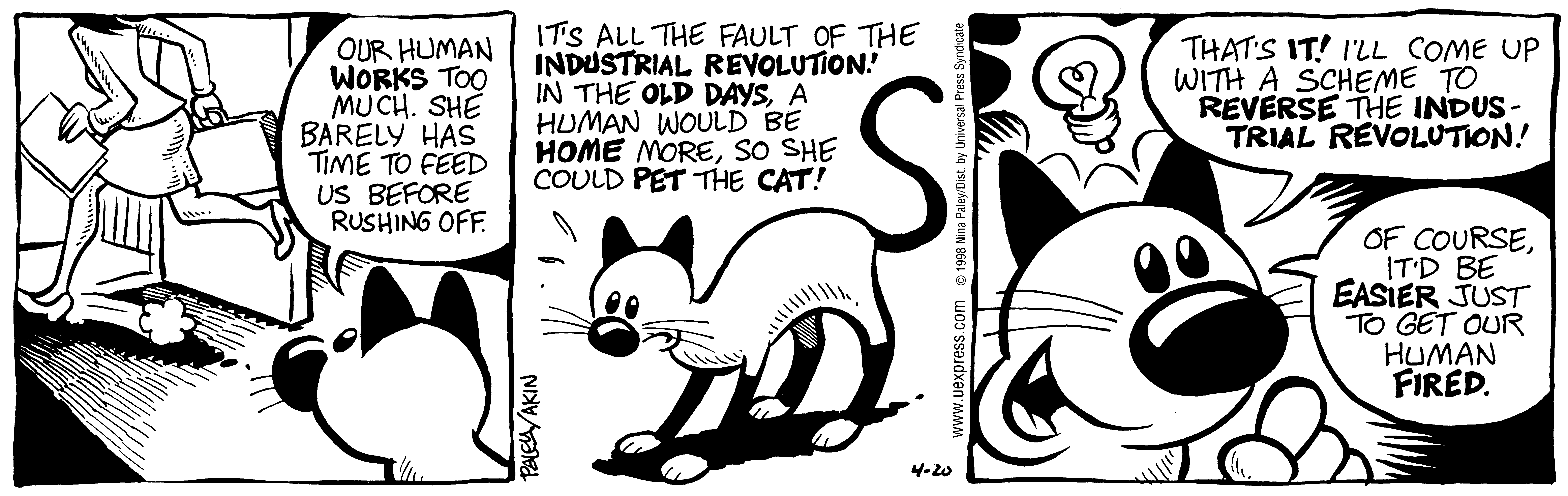 Fluff daily strip, Apr 20, 1998. Nina Paley, CC BY-SA 3.0 US. Print master from https://archive.org/details/FluffComicStrips (TIFF converted losslessly to PNG for the web).
