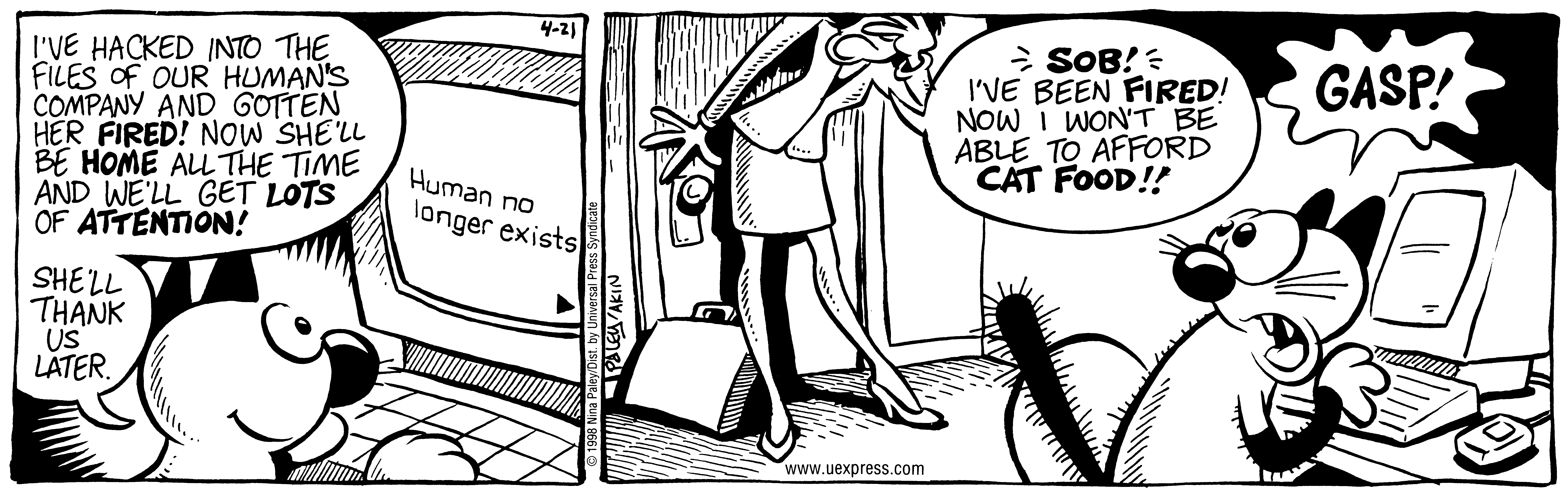 Fluff daily strip, Apr 21, 1998. Nina Paley, CC BY-SA 3.0 US. Print master from https://archive.org/details/FluffComicStrips (TIFF converted losslessly to PNG for the web).