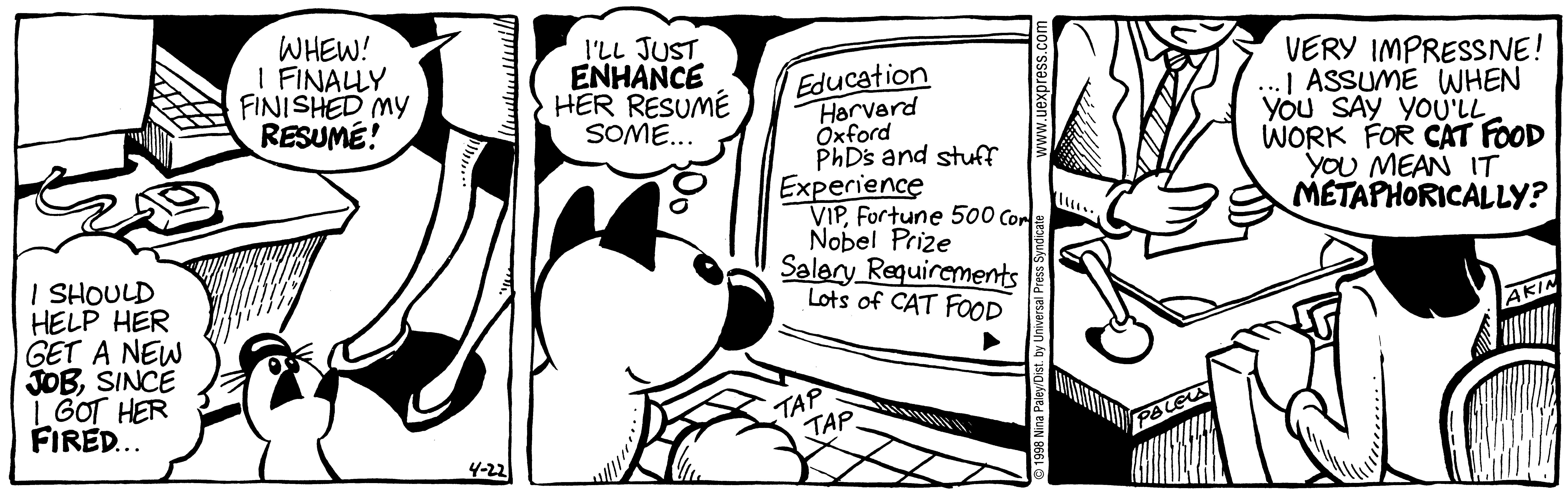 Fluff daily strip, Apr 22, 1998. Nina Paley, CC BY-SA 3.0 US. Print master from https://archive.org/details/FluffComicStrips (TIFF converted losslessly to PNG for the web).