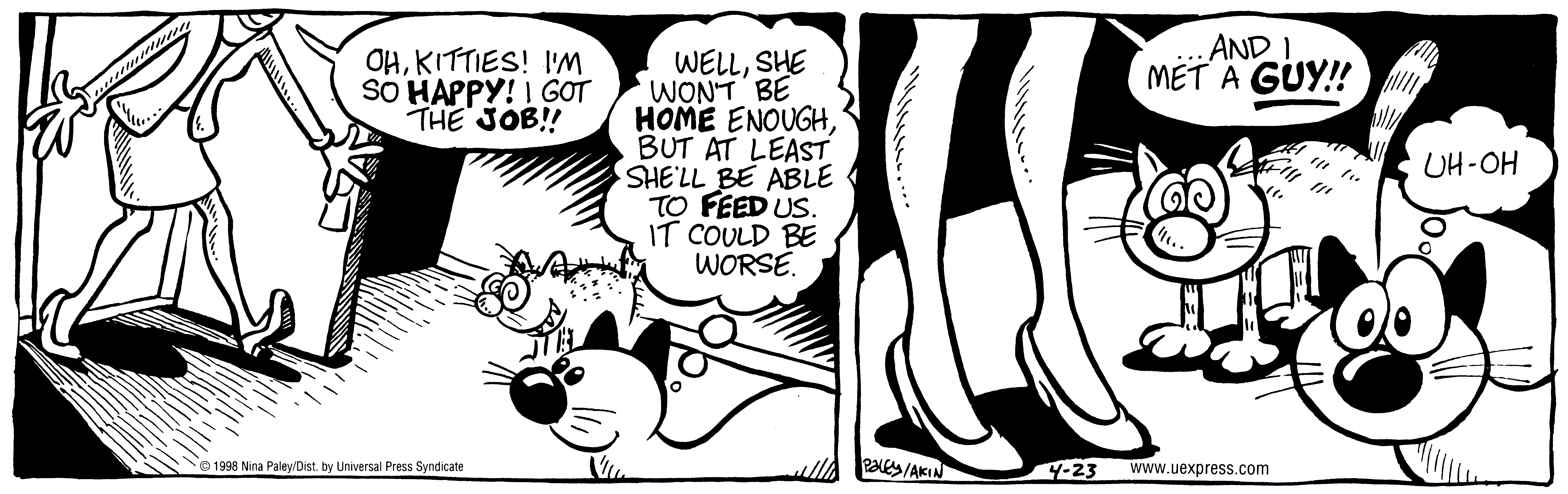 Fluff daily strip, Apr 23, 1998. Nina Paley, CC BY-SA 3.0 US. Print master from https://archive.org/details/FluffComicStrips (TIFF converted losslessly to PNG for the web).