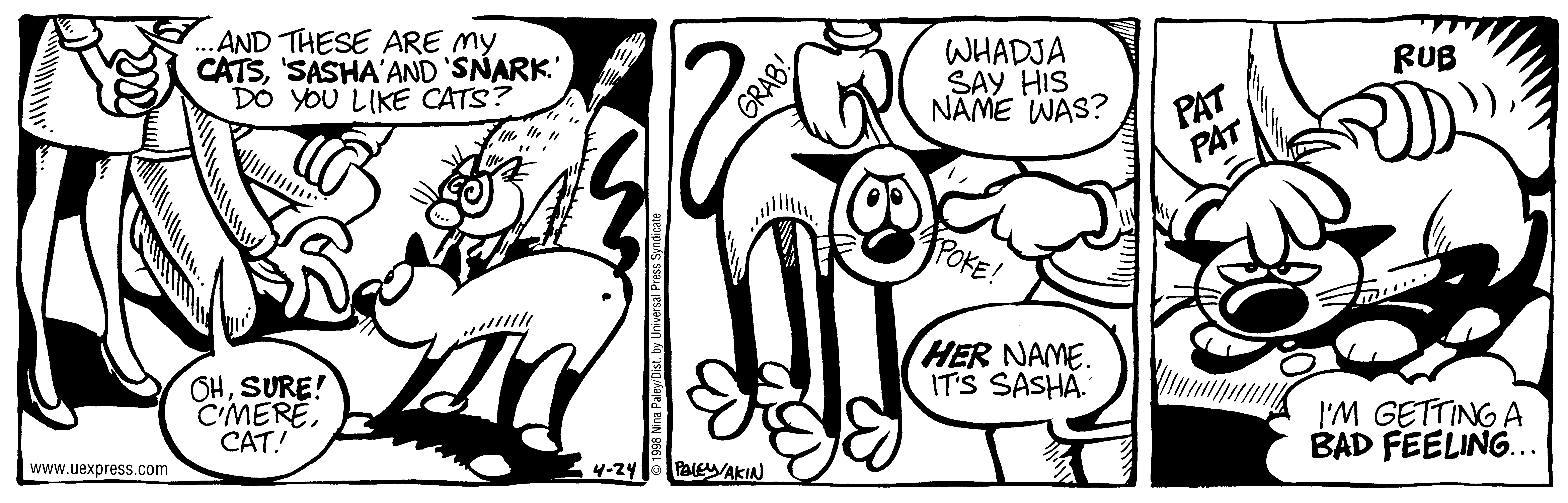 Fluff daily strip, Apr 24, 1998. Nina Paley, CC BY-SA 3.0 US. Print master from https://archive.org/details/FluffComicStrips (TIFF converted losslessly to PNG for the web).