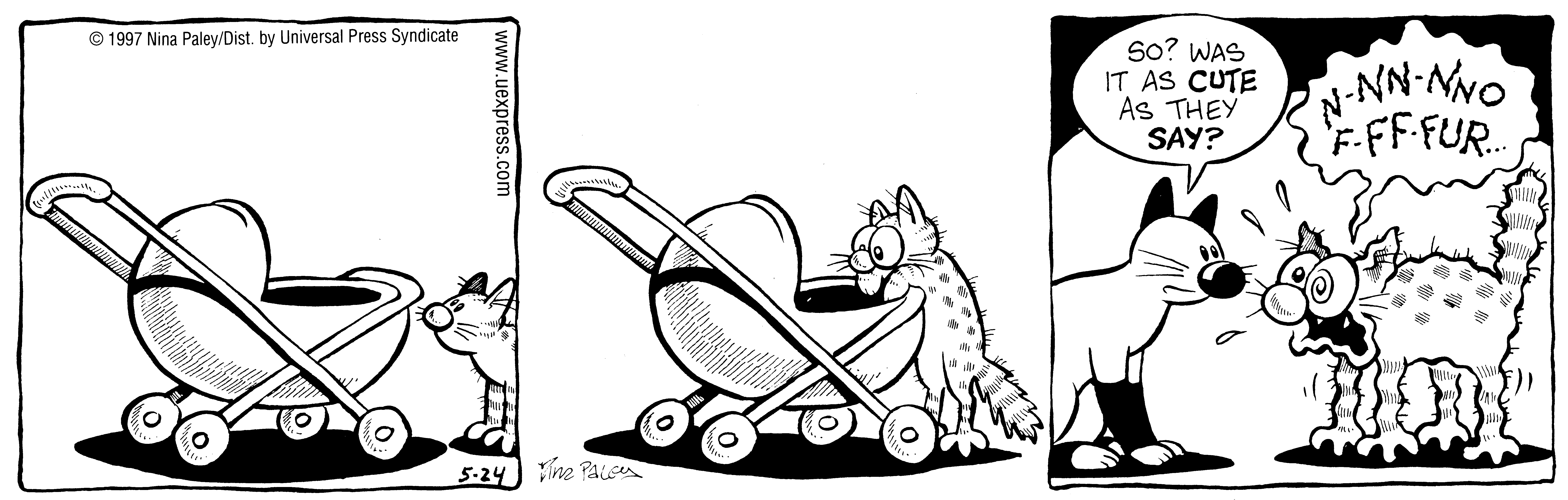 Fluff daily strip, May 24, 1997. Nina Paley, CC BY-SA 3.0 US. Print master from https://archive.org/details/FluffComicStrips (TIFF converted losslessly to PNG for the web).