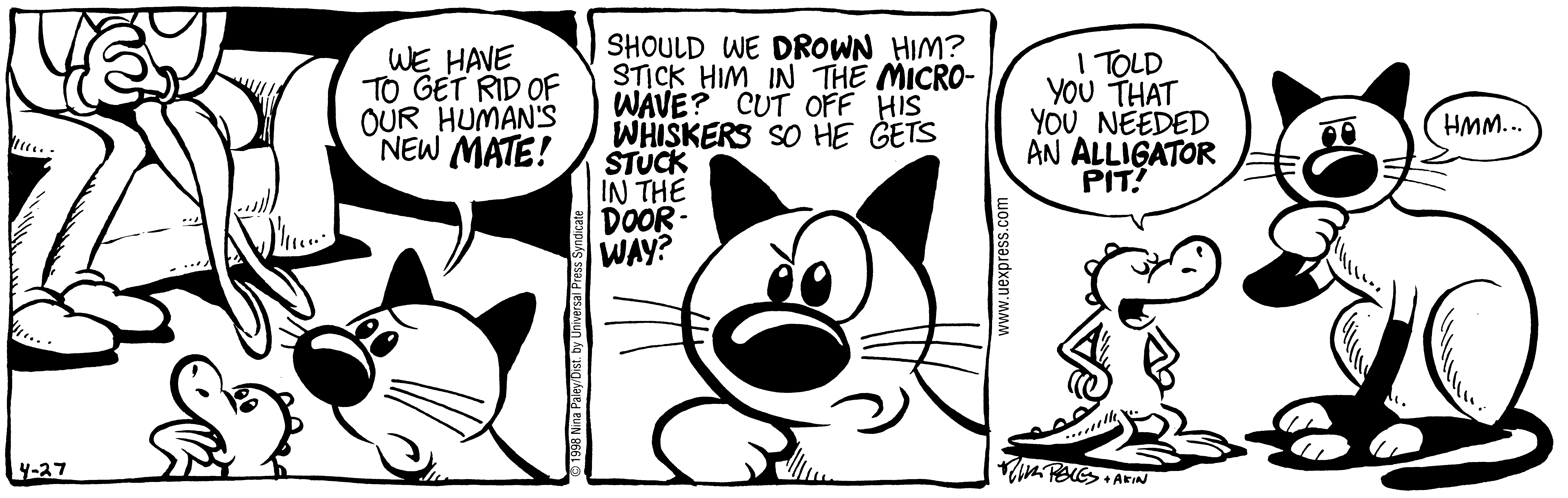 Fluff daily strip, Apr 27, 1998. Nina Paley, CC BY-SA 3.0 US. Print master from https://archive.org/details/FluffComicStrips (TIFF converted losslessly to PNG for the web).
