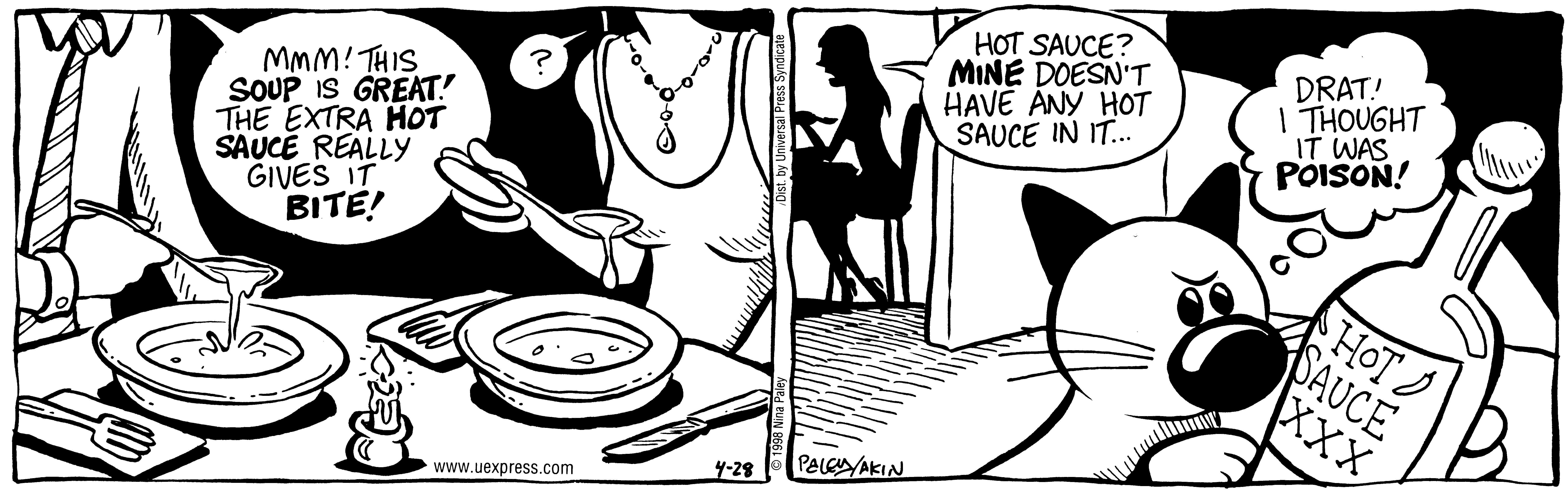 Fluff daily strip, Apr 28, 1998. Nina Paley, CC BY-SA 3.0 US. Print master from https://archive.org/details/FluffComicStrips (TIFF converted losslessly to PNG for the web).