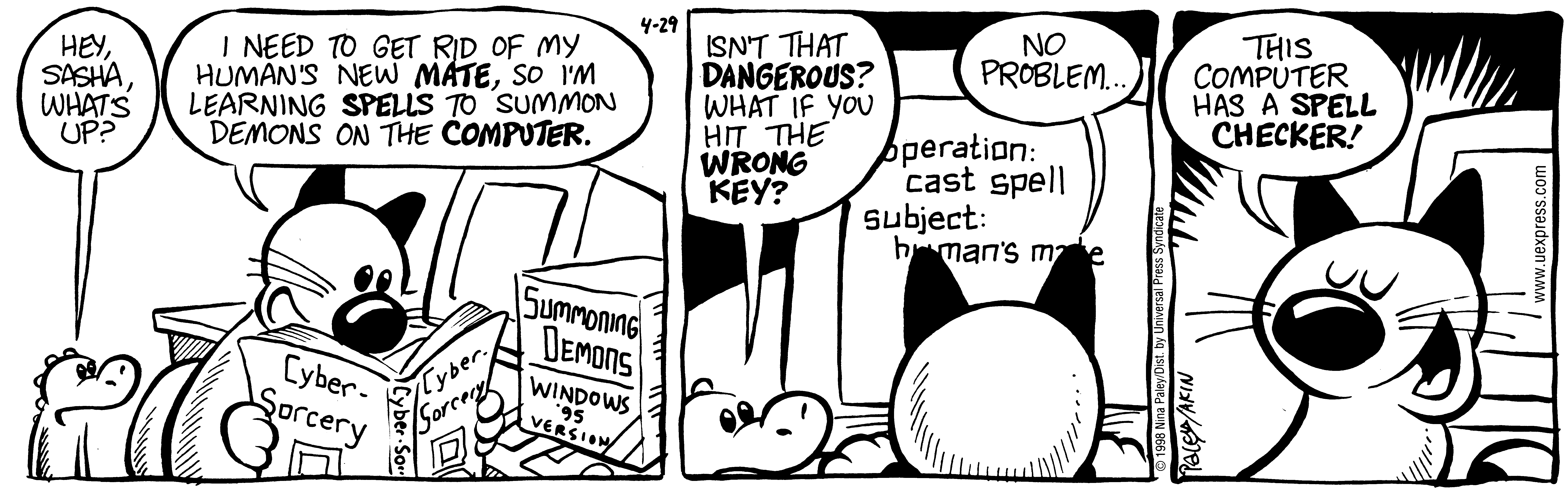Fluff daily strip, Apr 29, 1998. Nina Paley, CC BY-SA 3.0 US. Print master from https://archive.org/details/FluffComicStrips (TIFF converted losslessly to PNG for the web).