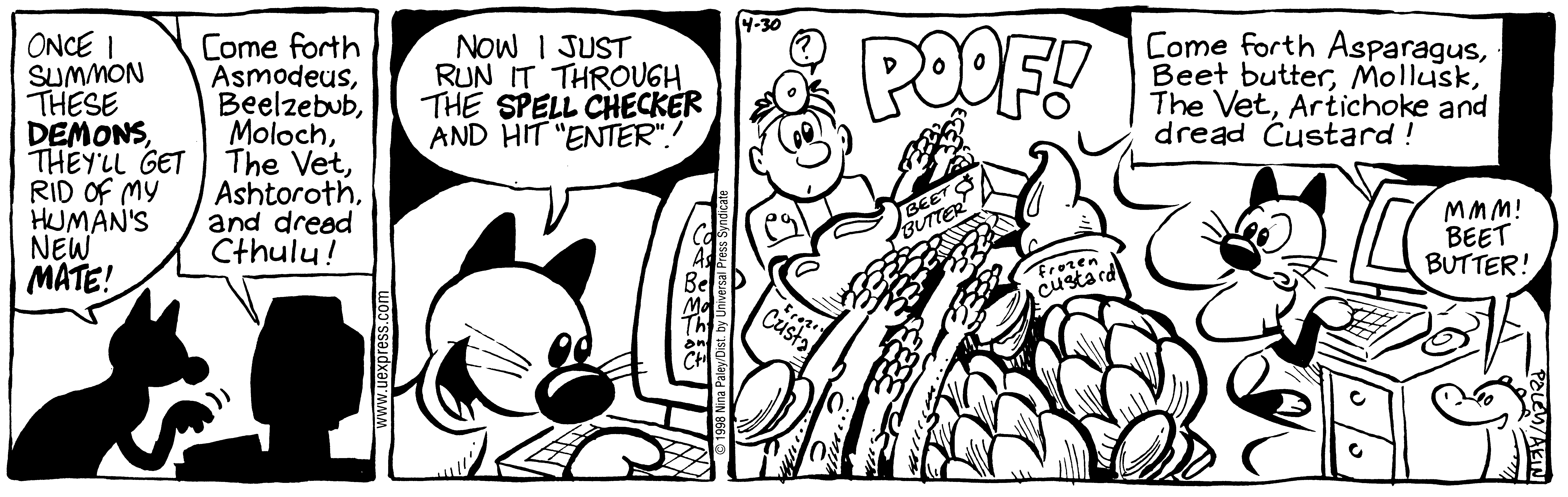 Fluff daily strip, Apr 30, 1998. Nina Paley, CC BY-SA 3.0 US. Print master from https://archive.org/details/FluffComicStrips (TIFF converted losslessly to PNG for the web).