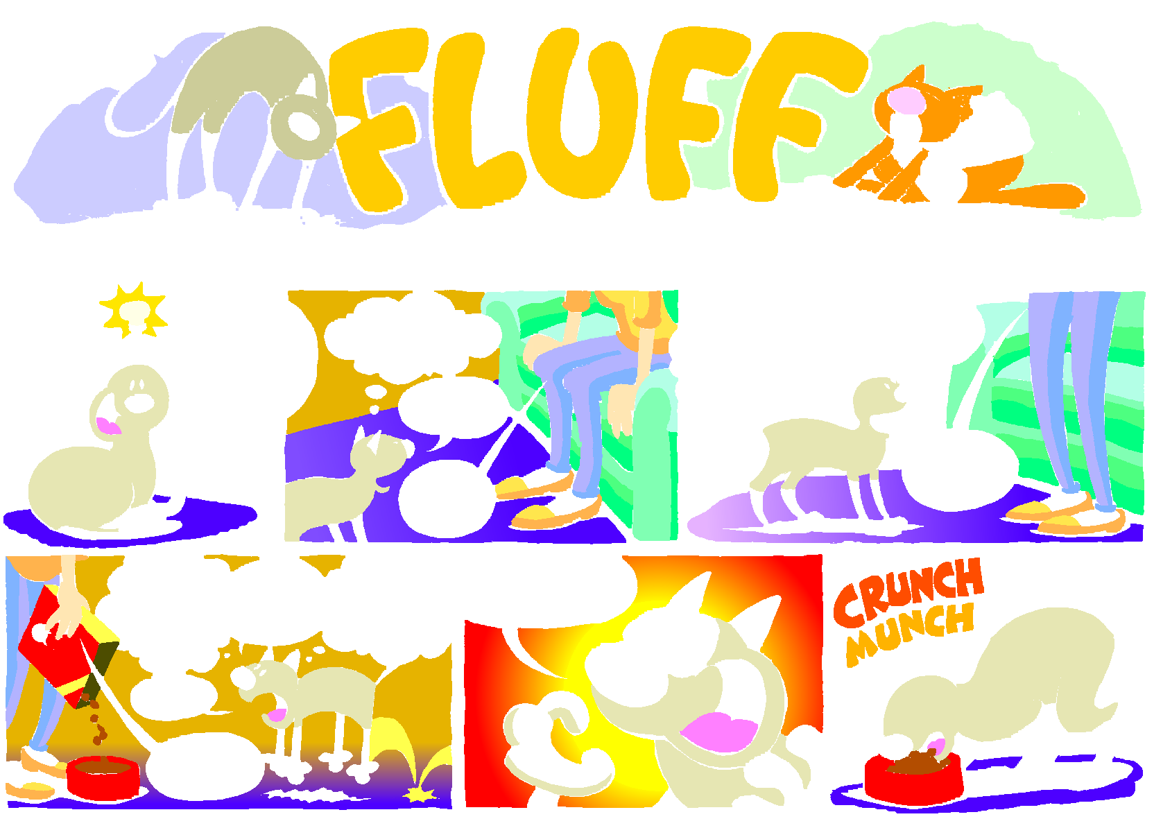 Fluff sunday strip, May 3, 1998. Nina Paley, CC BY-SA 3.0 US. Print master from https://archive.org/details/FluffComicStrips (TIFF converted losslessly to PNG for the web).