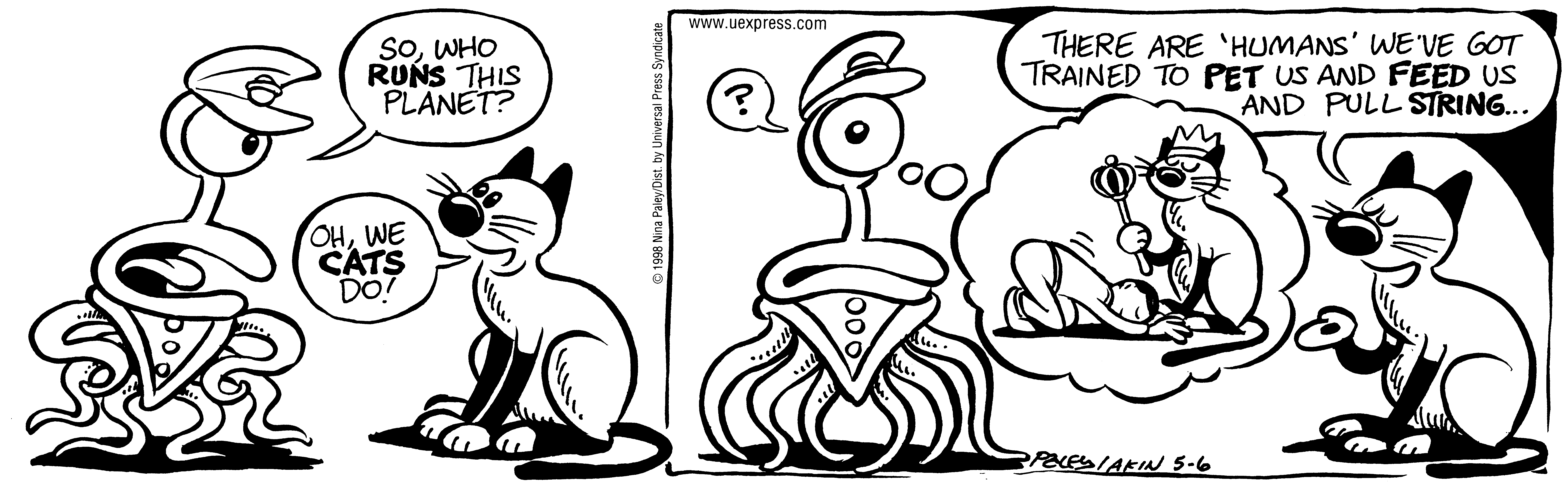 Fluff daily strip, May 6, 1998. Nina Paley, CC BY-SA 3.0 US. Print master from https://archive.org/details/FluffComicStrips (TIFF converted losslessly to PNG for the web).