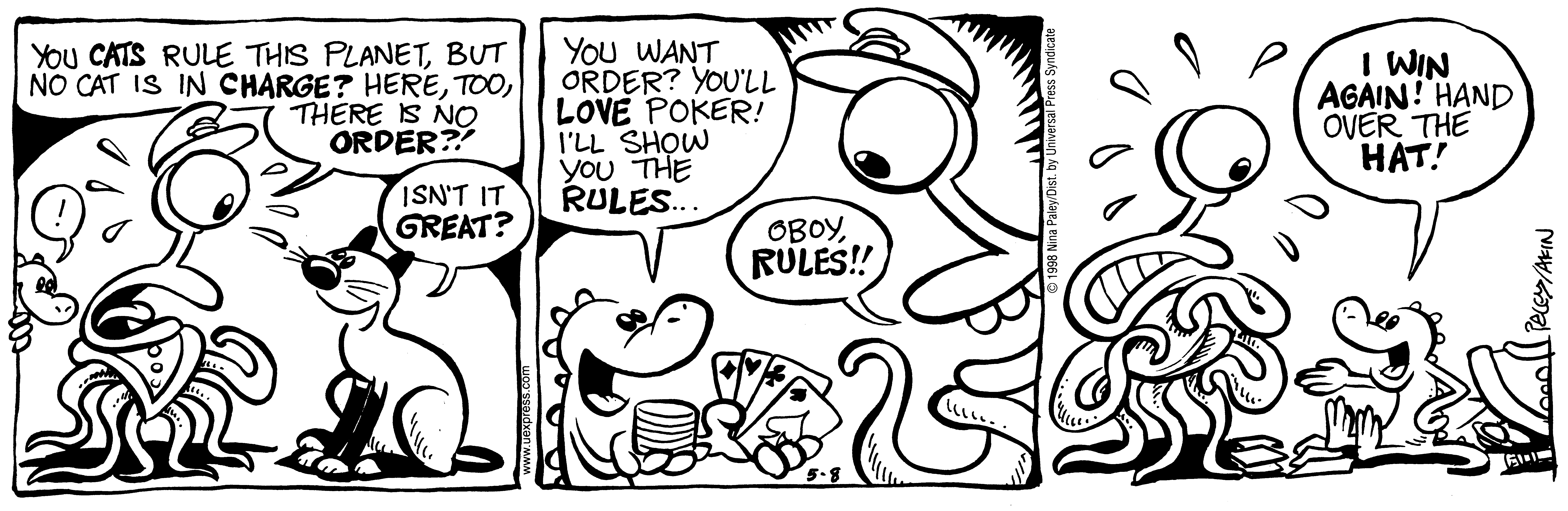 Fluff daily strip, May 8, 1998. Nina Paley, CC BY-SA 3.0 US. Print master from https://archive.org/details/FluffComicStrips (TIFF converted losslessly to PNG for the web).