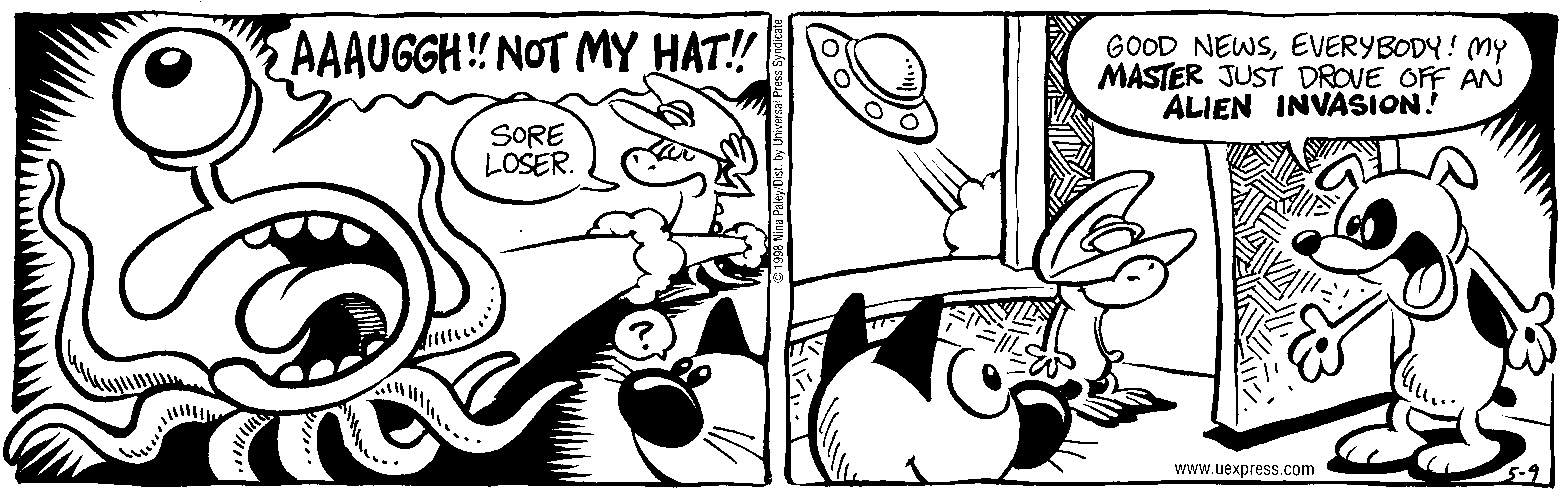 Fluff daily strip, May 9, 1998. Nina Paley, CC BY-SA 3.0 US. Print master from https://archive.org/details/FluffComicStrips (TIFF converted losslessly to PNG for the web).