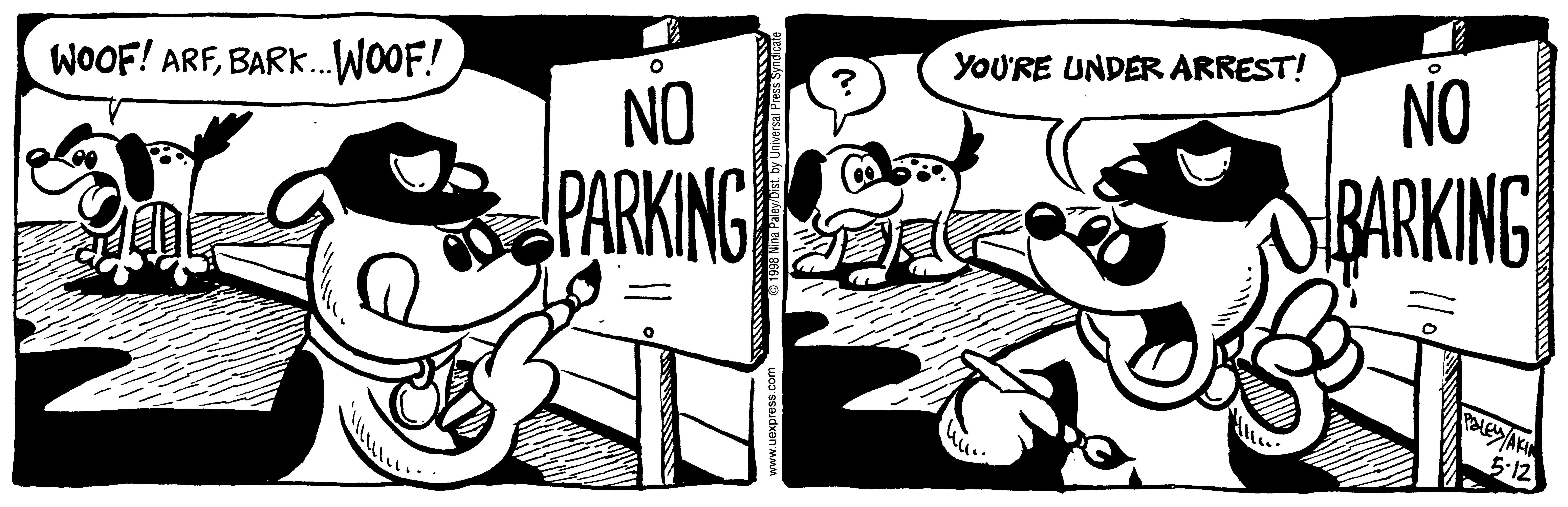 Fluff daily strip, May 12, 1998. Nina Paley, CC BY-SA 3.0 US. Print master from https://archive.org/details/FluffComicStrips (TIFF converted losslessly to PNG for the web).