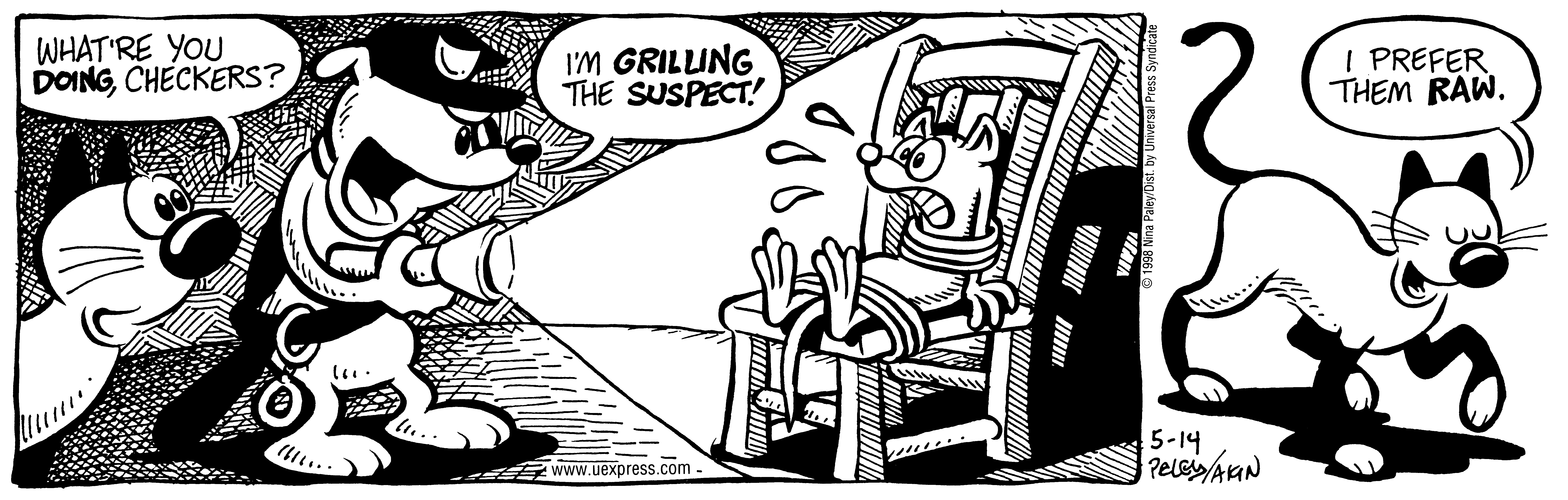 Fluff daily strip, May 14, 1998. Nina Paley, CC BY-SA 3.0 US. Print master from https://archive.org/details/FluffComicStrips (TIFF converted losslessly to PNG for the web).