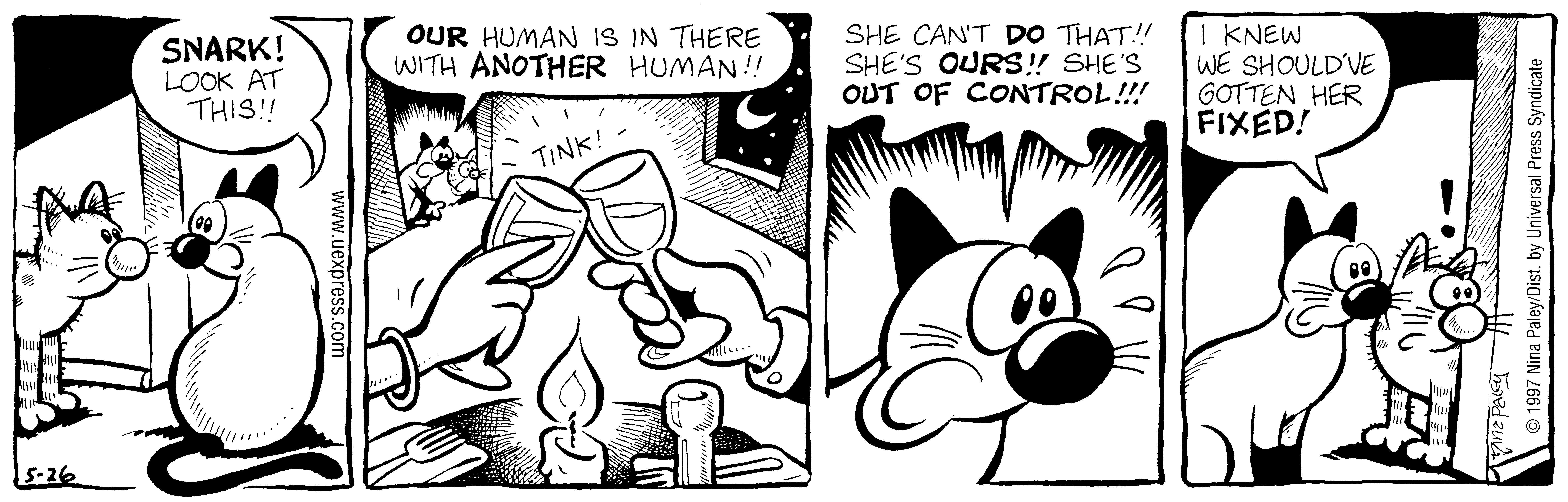 Fluff daily strip, May 26, 1997. Nina Paley, CC BY-SA 3.0 US. Print master from https://archive.org/details/FluffComicStrips (TIFF converted losslessly to PNG for the web).