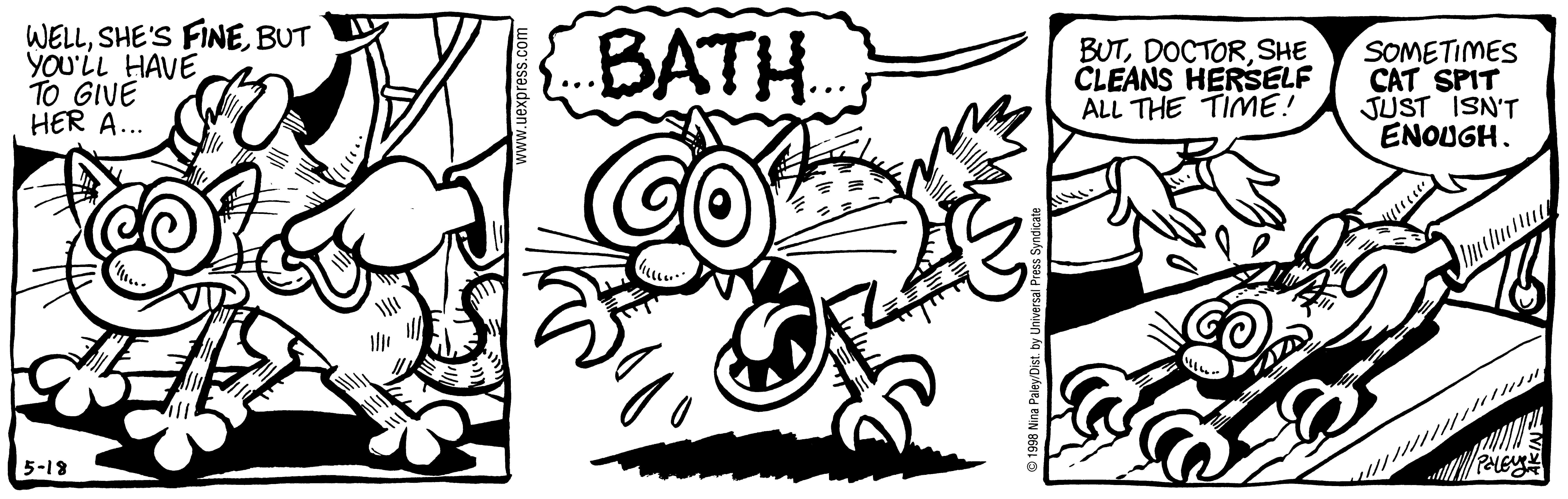 Fluff daily strip, May 18, 1998. Nina Paley, CC BY-SA 3.0 US. Print master from https://archive.org/details/FluffComicStrips (TIFF converted losslessly to PNG for the web).