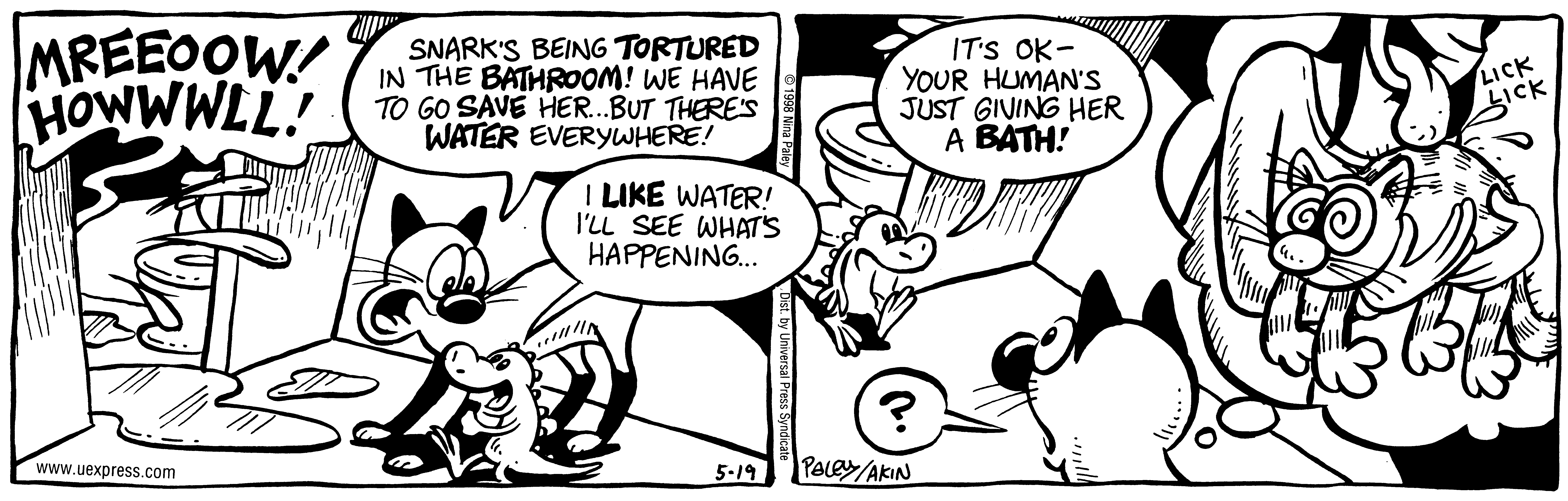 Fluff daily strip, May 19, 1998. Nina Paley, CC BY-SA 3.0 US. Print master from https://archive.org/details/FluffComicStrips (TIFF converted losslessly to PNG for the web).