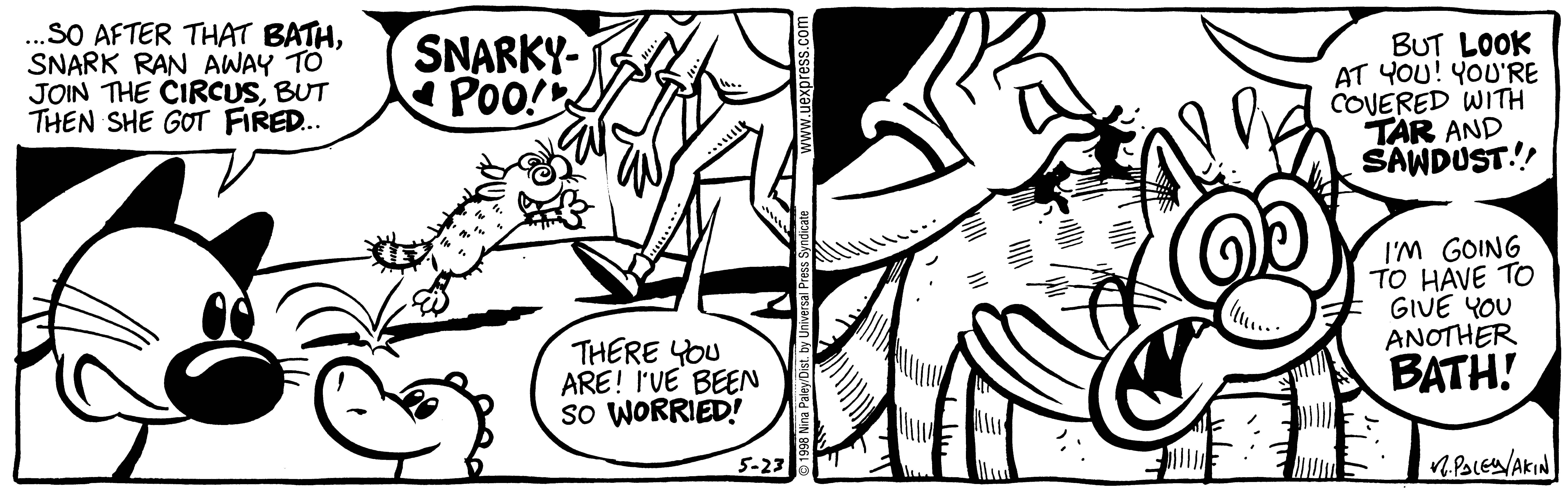 Fluff daily strip, May 23, 1998. Nina Paley, CC BY-SA 3.0 US. Print master from https://archive.org/details/FluffComicStrips (TIFF converted losslessly to PNG for the web).