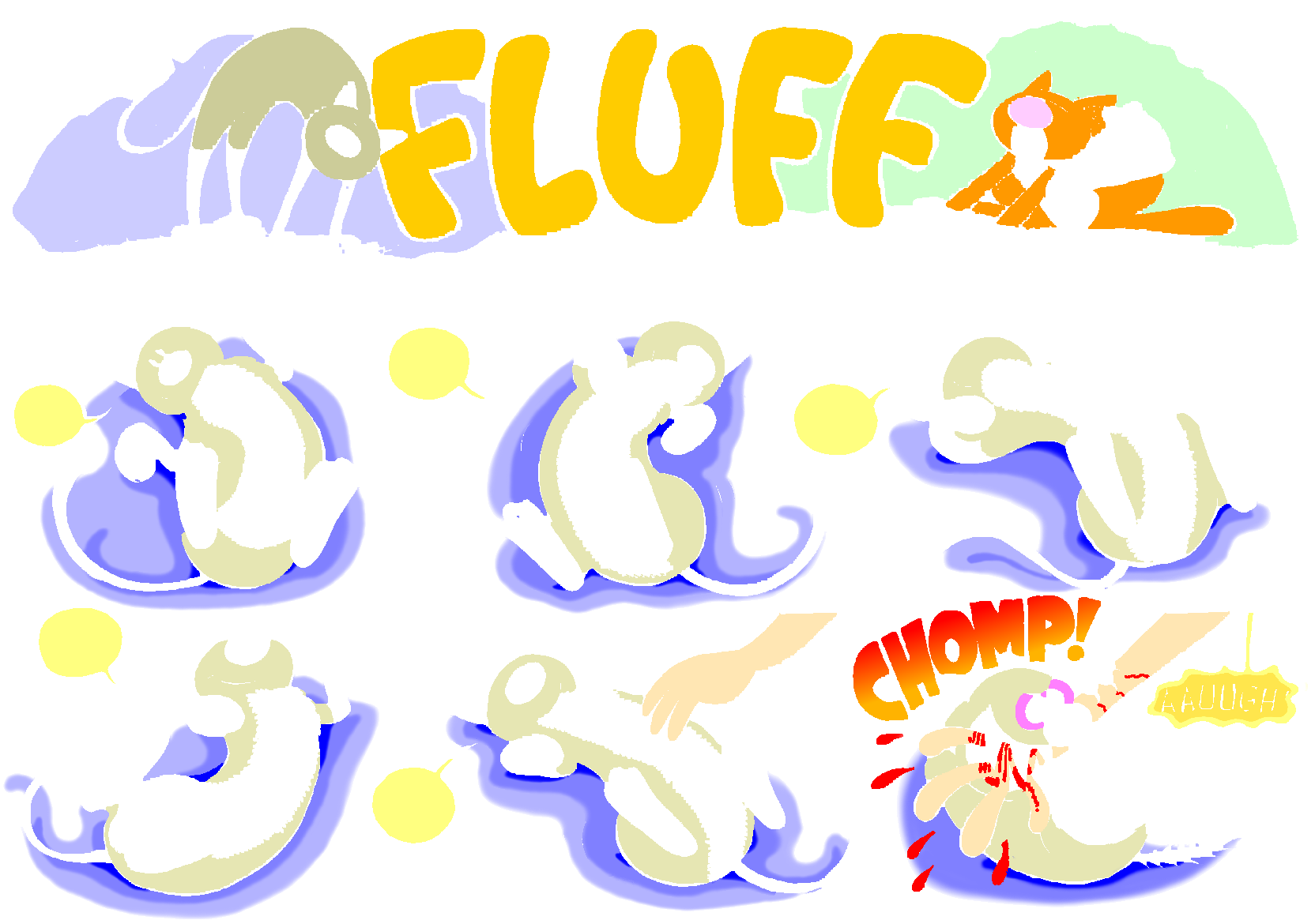 Fluff sunday strip, May 24, 1998. Nina Paley, CC BY-SA 3.0 US. Print master from https://archive.org/details/FluffComicStrips (TIFF converted losslessly to PNG for the web).
