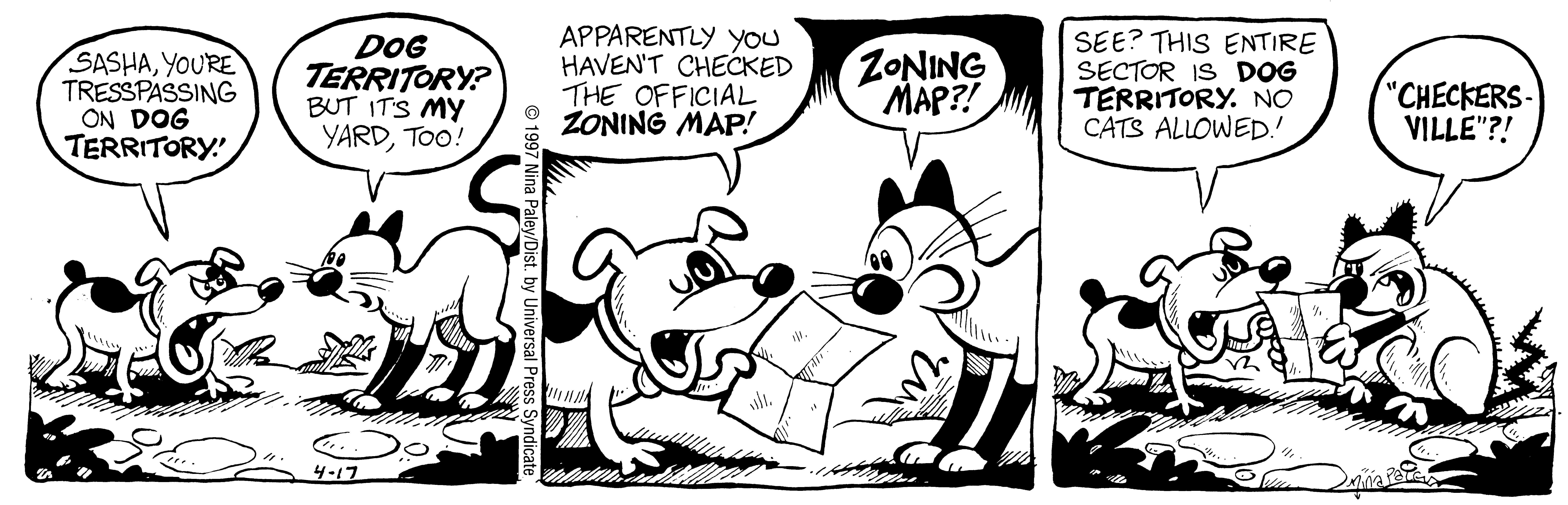 Fluff daily strip, Apr 17, 1997. Nina Paley, CC BY-SA 3.0 US. Print master from https://archive.org/details/FluffComicStrips (TIFF converted losslessly to PNG for the web).