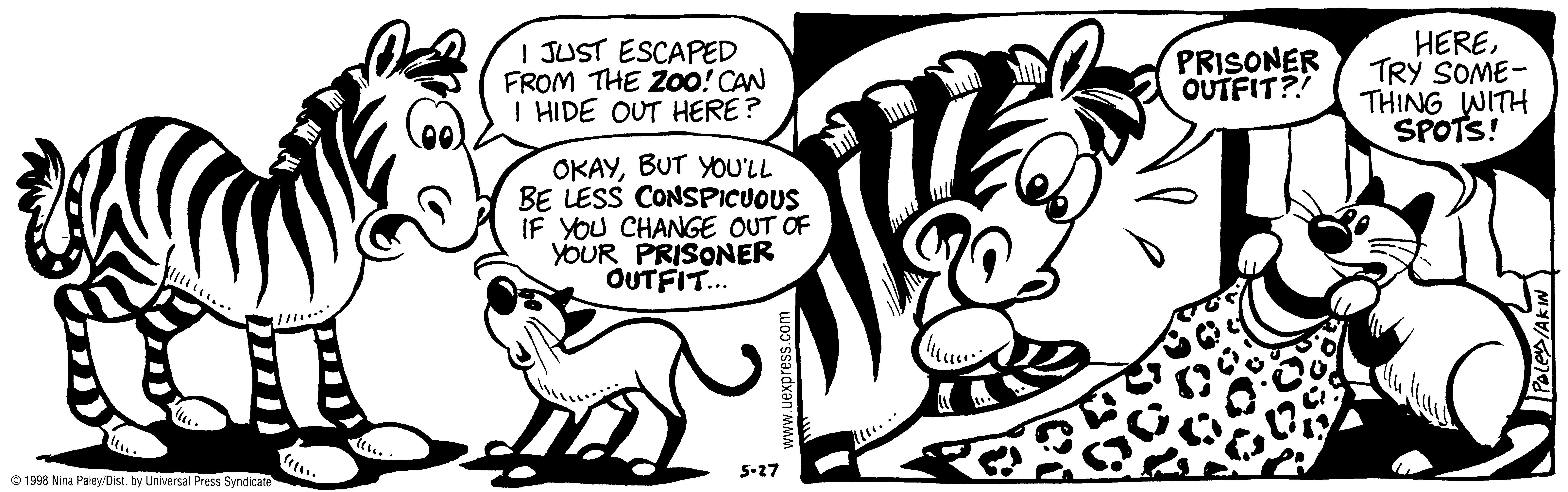Fluff daily strip, May 27, 1998. Nina Paley, CC BY-SA 3.0 US. Print master from https://archive.org/details/FluffComicStrips (TIFF converted losslessly to PNG for the web).