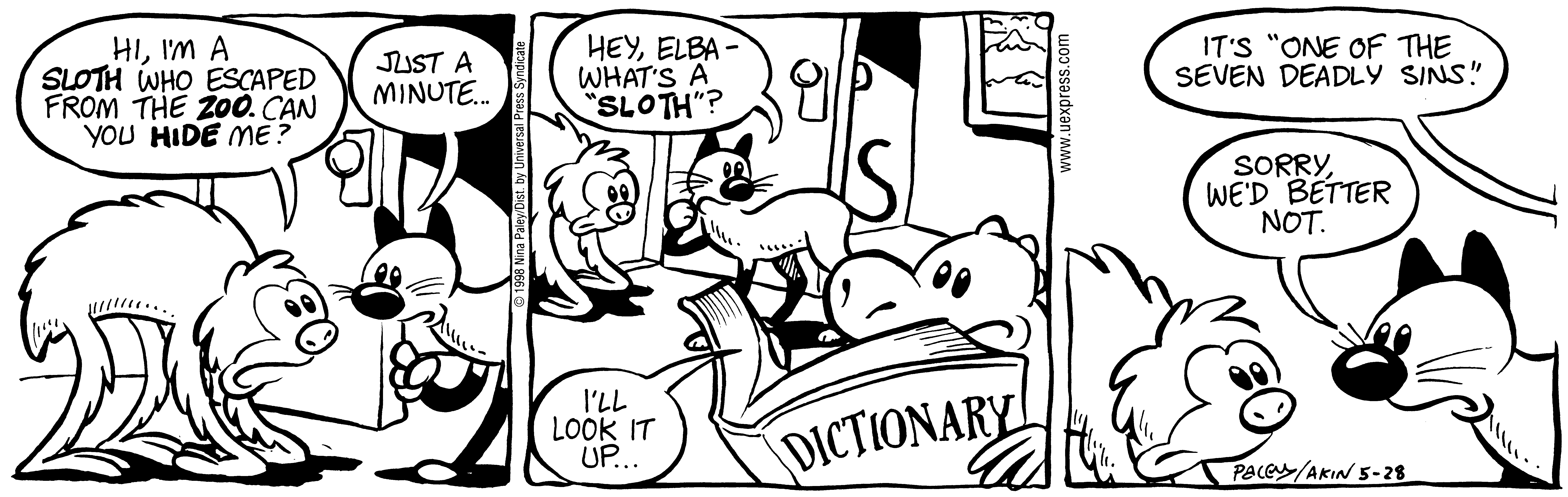 Fluff daily strip, May 28, 1998. Nina Paley, CC BY-SA 3.0 US. Print master from https://archive.org/details/FluffComicStrips (TIFF converted losslessly to PNG for the web).