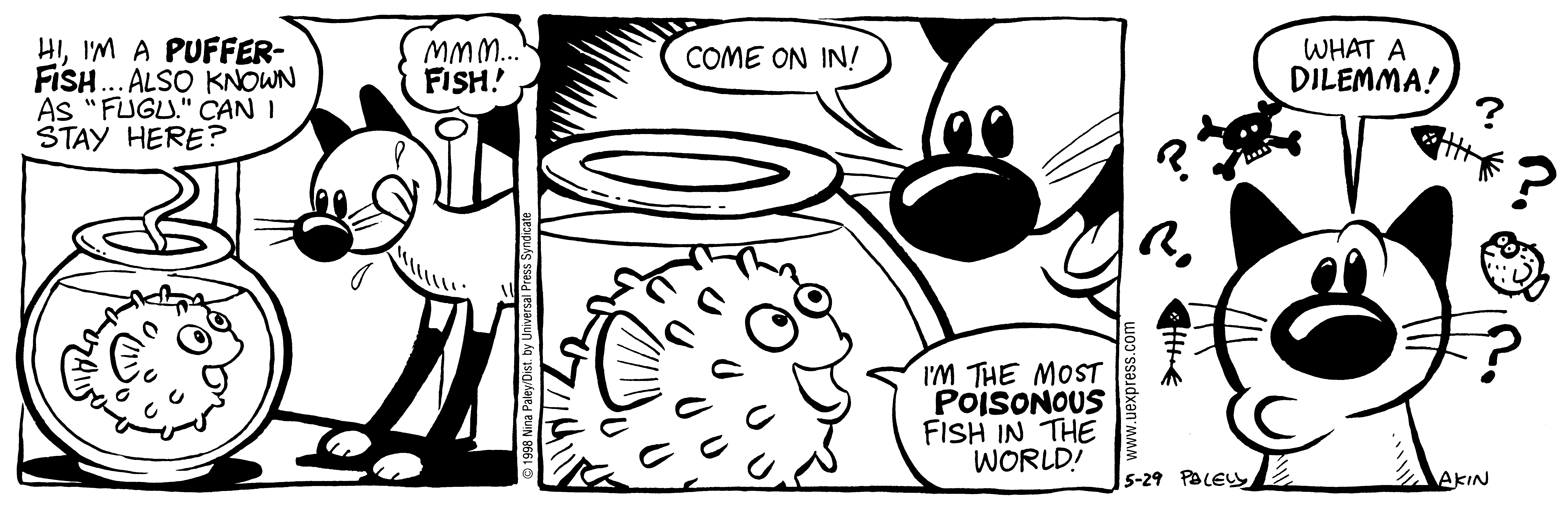 Fluff daily strip, May 29, 1998. Nina Paley, CC BY-SA 3.0 US. Print master from https://archive.org/details/FluffComicStrips (TIFF converted losslessly to PNG for the web).