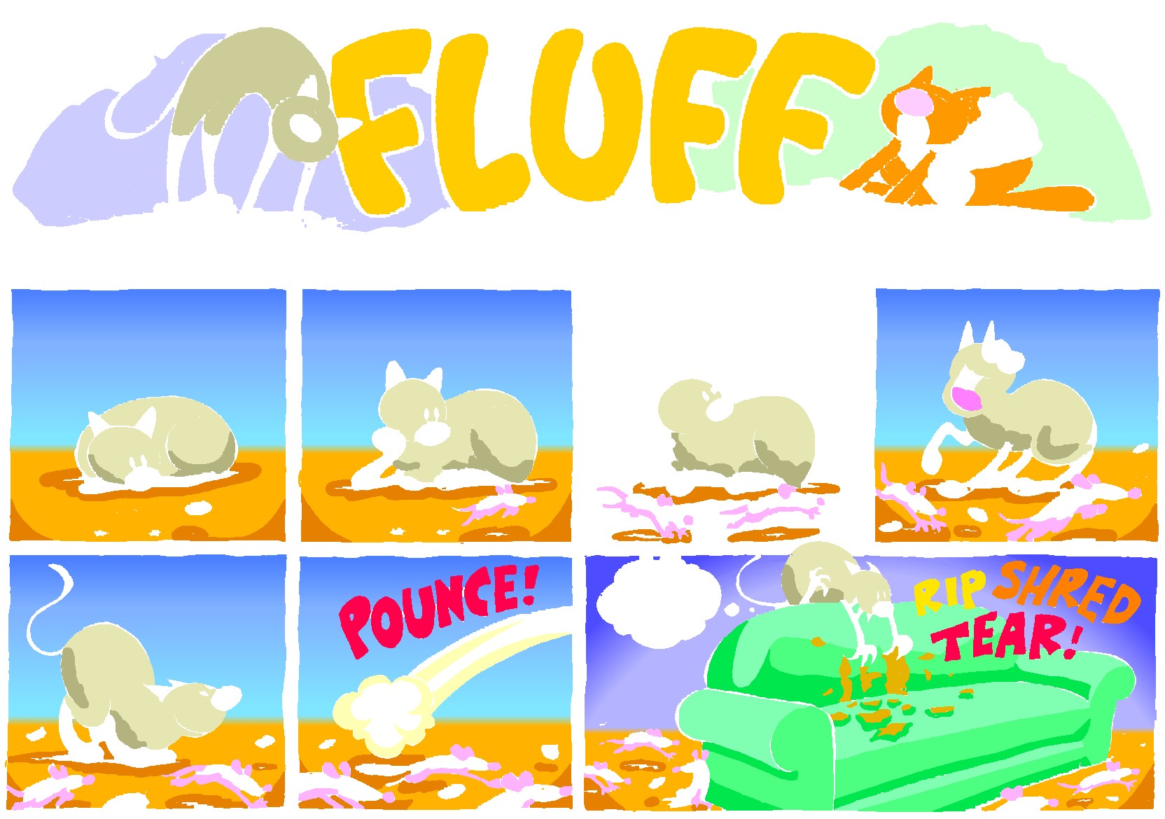 Fluff sunday strip, May 31, 1998. Nina Paley, CC BY-SA 3.0 US. Print master from https://archive.org/details/FluffComicStrips (TIFF converted losslessly to PNG for the web).