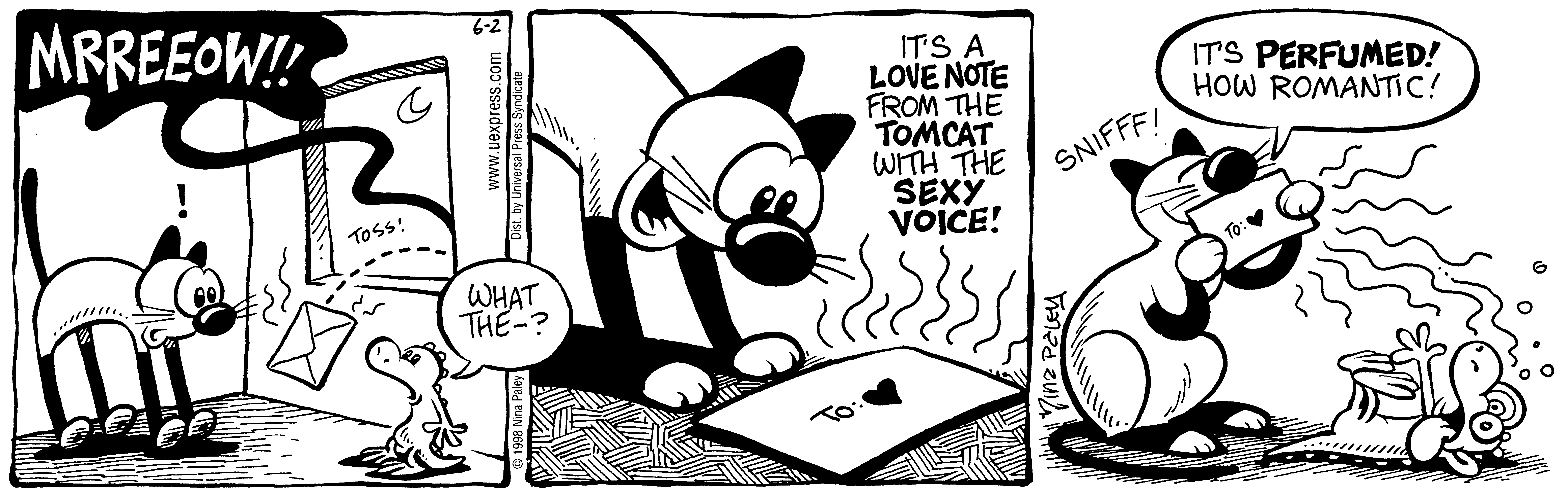Fluff daily strip, Jun 2, 1998. Nina Paley, CC BY-SA 3.0 US. Print master from https://archive.org/details/FluffComicStrips (TIFF converted losslessly to PNG for the web).