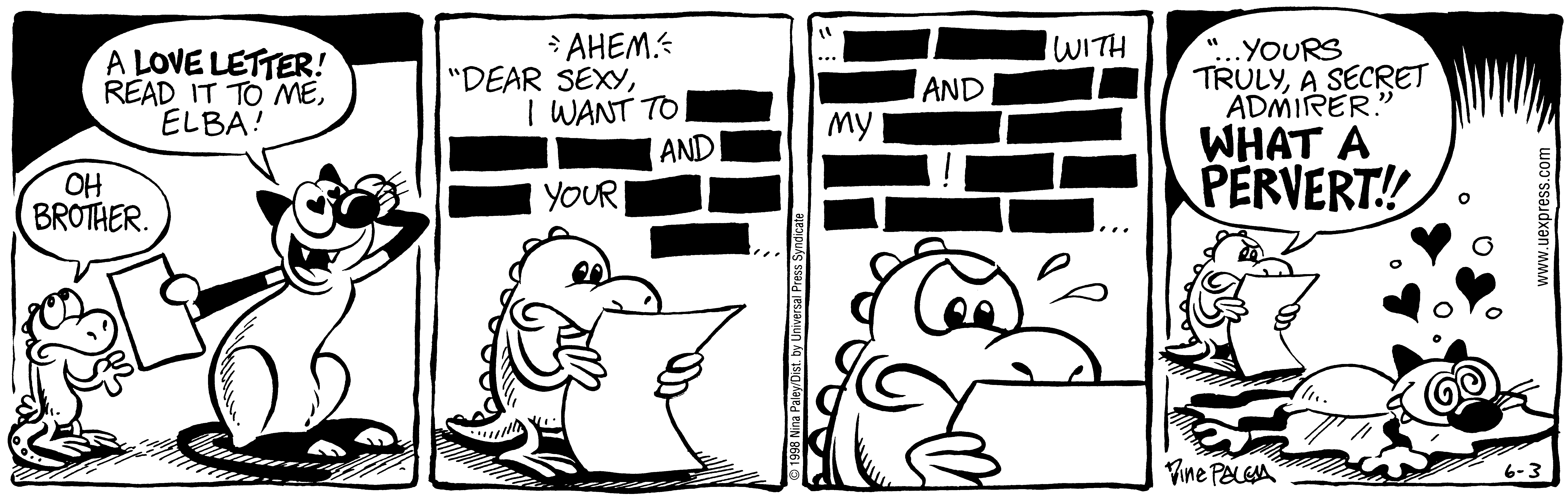 Fluff daily strip, Jun 3, 1998. Nina Paley, CC BY-SA 3.0 US. Print master from https://archive.org/details/FluffComicStrips (TIFF converted losslessly to PNG for the web).