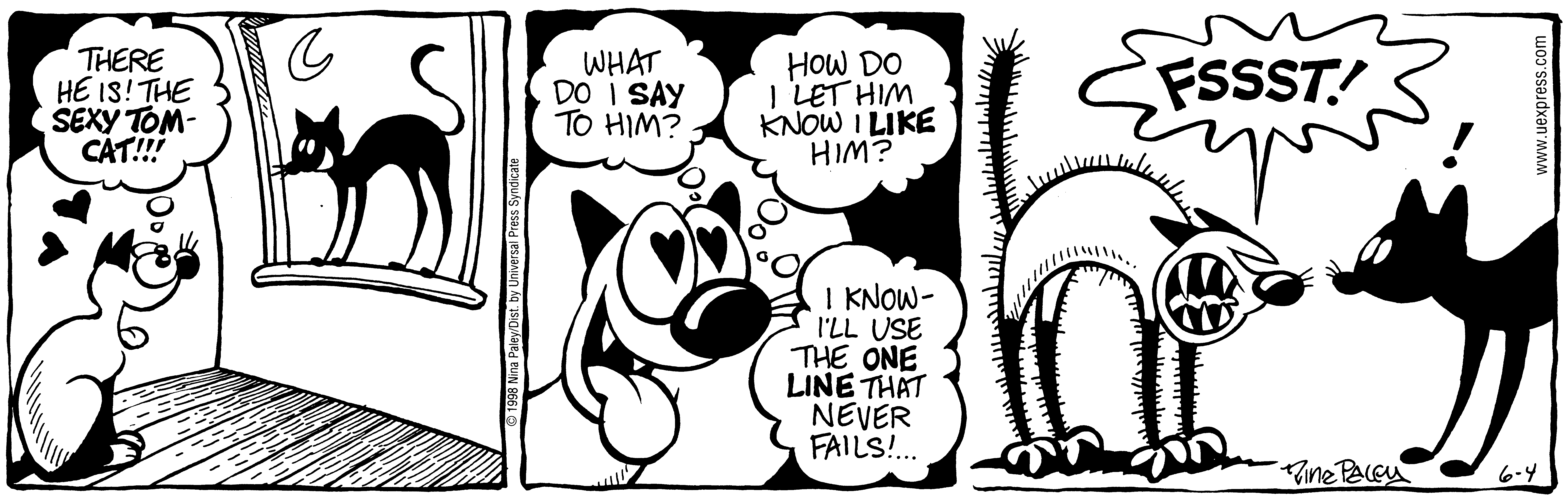 Fluff daily strip, Jun 4, 1998. Nina Paley, CC BY-SA 3.0 US. Print master from https://archive.org/details/FluffComicStrips (TIFF converted losslessly to PNG for the web).
