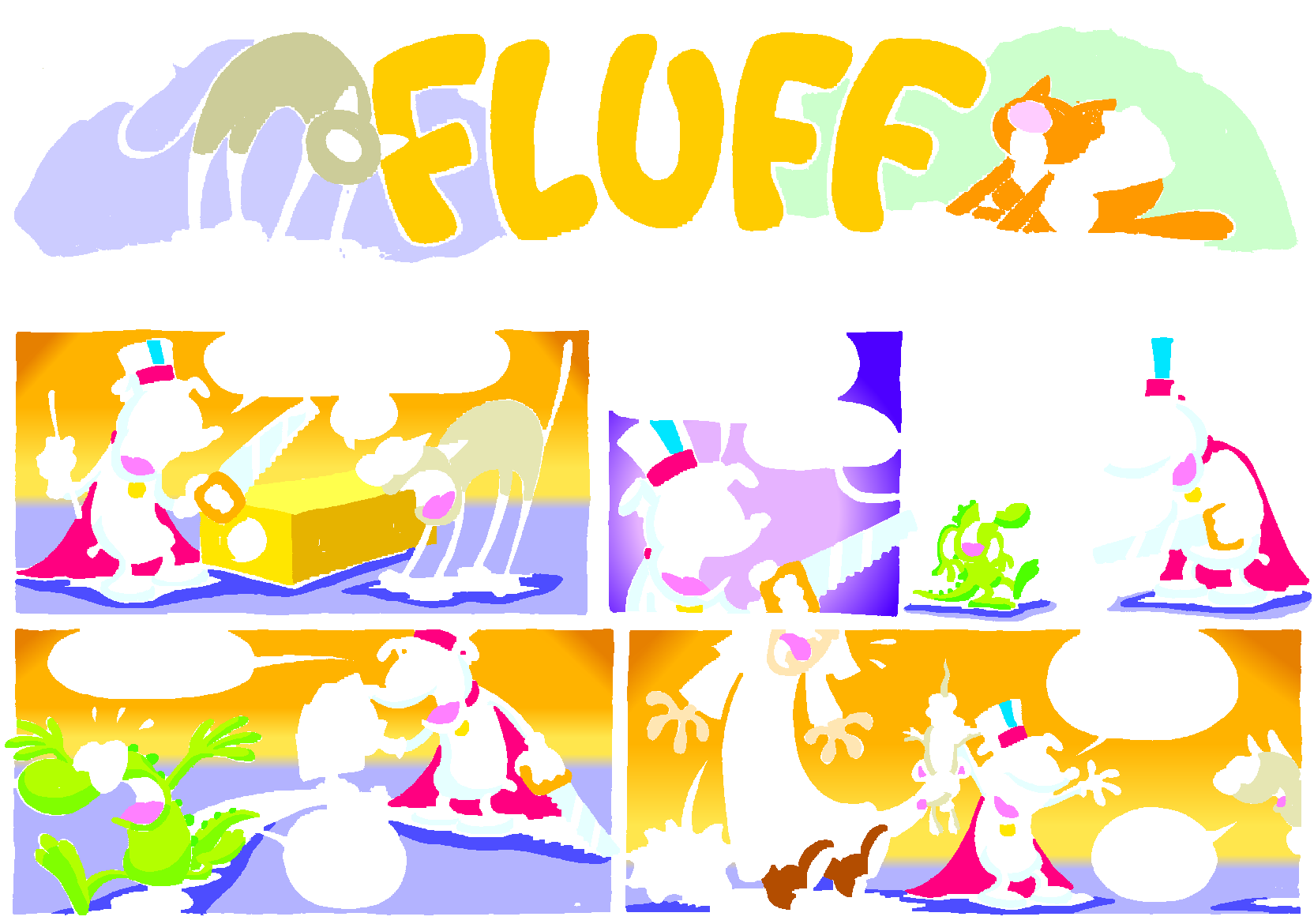 Fluff sunday strip, Jun 7, 1998. Nina Paley, CC BY-SA 3.0 US. Print master from https://archive.org/details/FluffComicStrips (TIFF converted losslessly to PNG for the web).