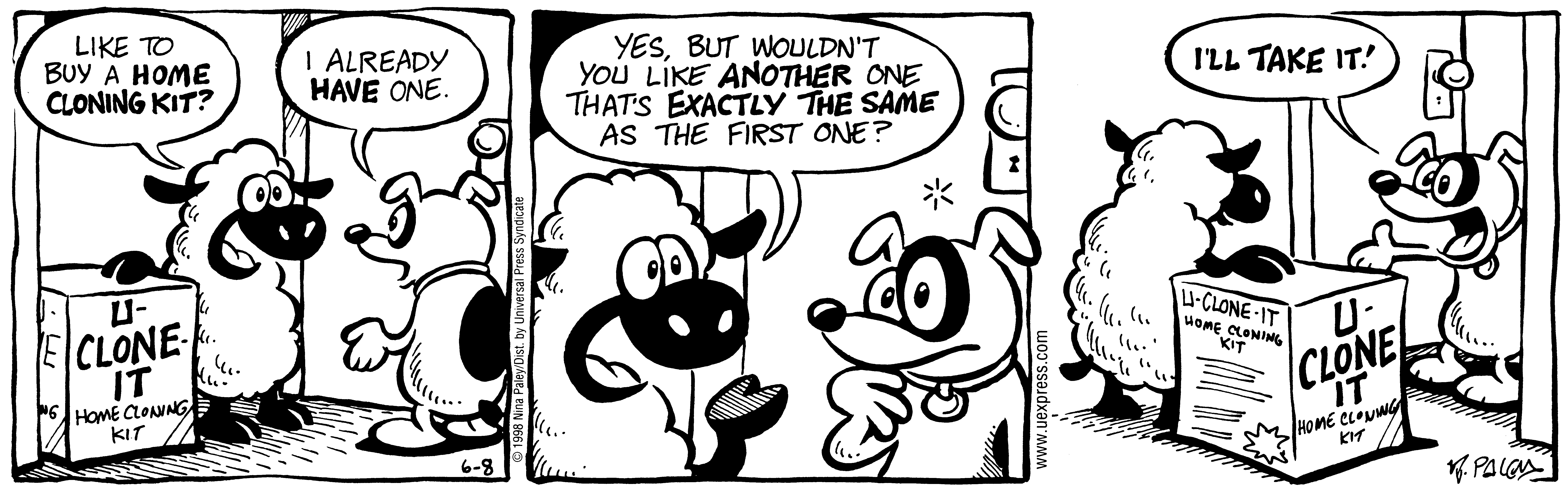 Fluff daily strip, Jun 8, 1998. Nina Paley, CC BY-SA 3.0 US. Print master from https://archive.org/details/FluffComicStrips (TIFF converted losslessly to PNG for the web).