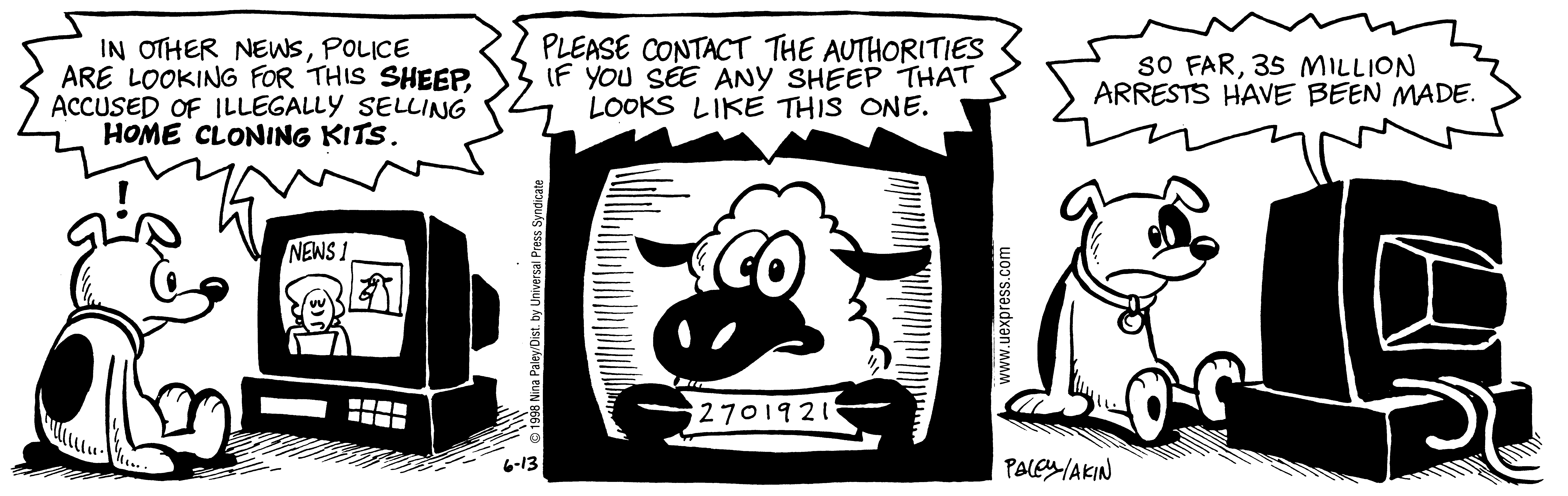 Fluff daily strip, Jun 13, 1998. Nina Paley, CC BY-SA 3.0 US. Print master from https://archive.org/details/FluffComicStrips (TIFF converted losslessly to PNG for the web).