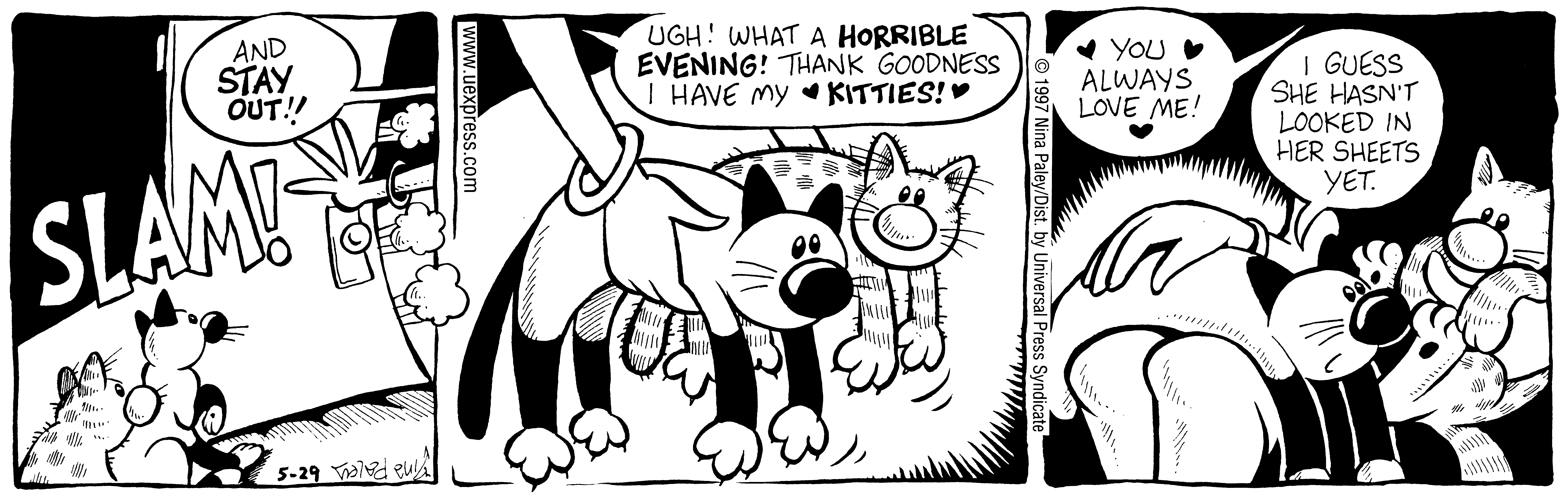 Fluff daily strip, May 29, 1997. Nina Paley, CC BY-SA 3.0 US. Print master from https://archive.org/details/FluffComicStrips (TIFF converted losslessly to PNG for the web).
